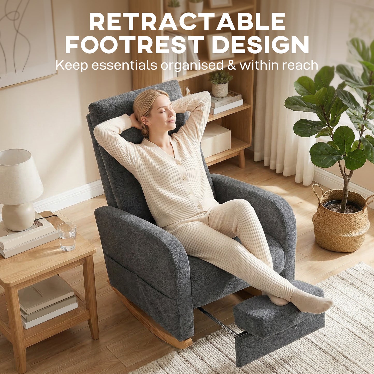 HOMCOM Upholstered Rocking Chair With Retractable Footrest High Back For Living Room Grey