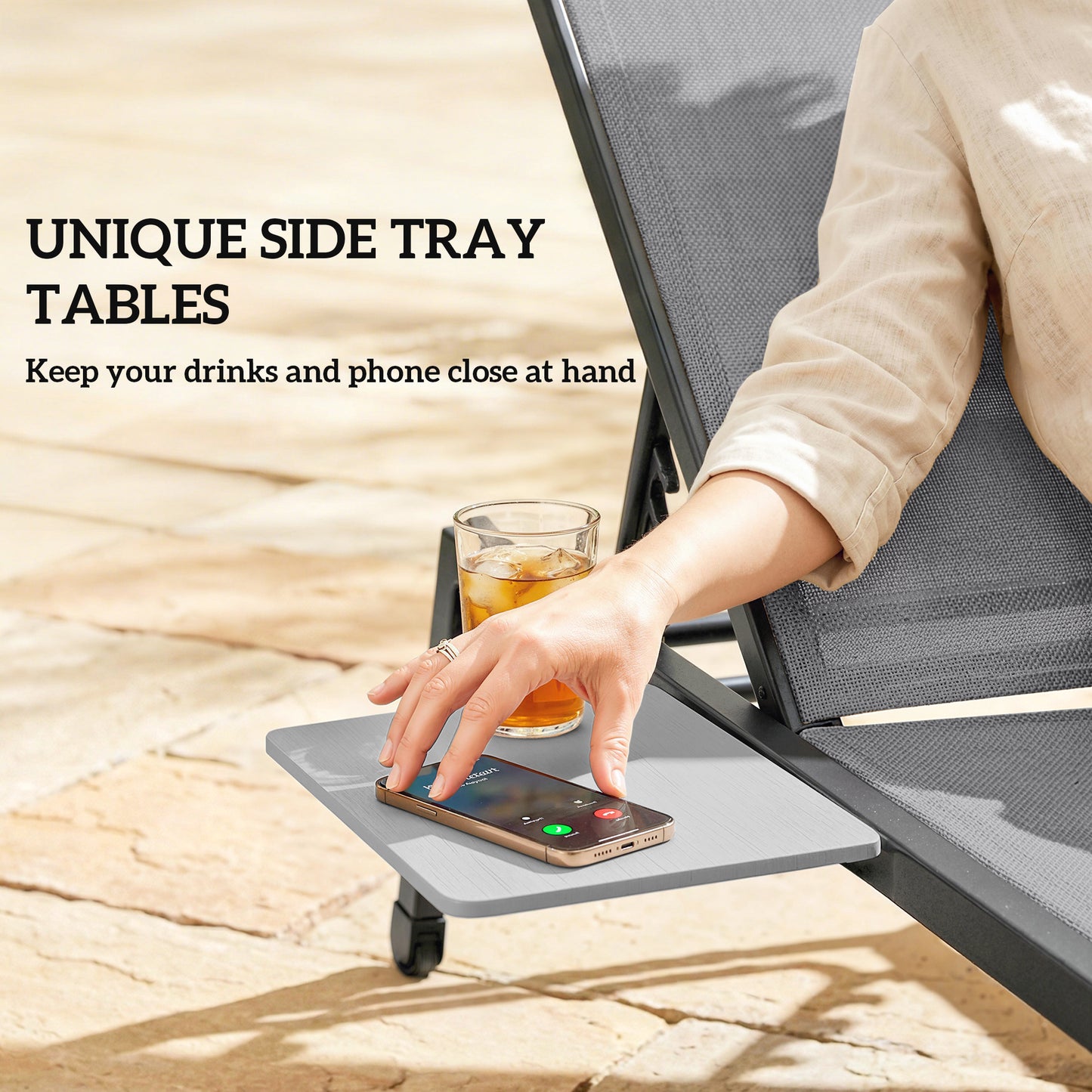 Outsunny Sun Loungers Set Of 2 With Side Tray Table Garden Recliners With 5 Position Adjustable Backrest 2 Wheels Grey