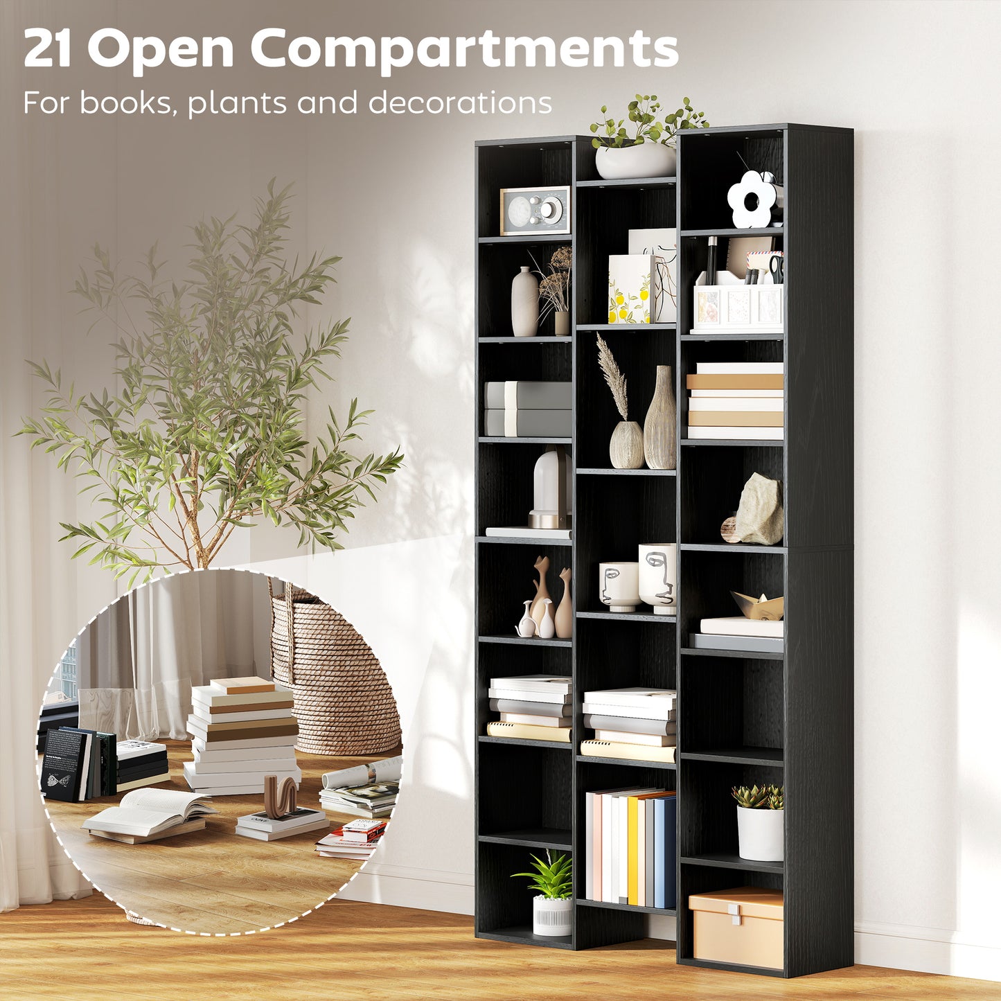 HOMCOM 21 Compartment Tall Bookshelf with Adjustable Shelves Black Finish for Living Rooms