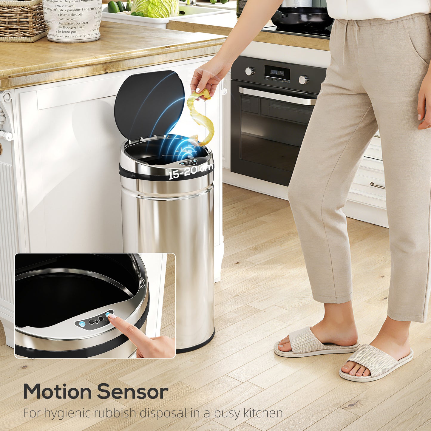 HOMCOM 42L Stainless Steel Sensor Bin With Touchless Lid Motion Sensor Within 15 cm Silver Tone