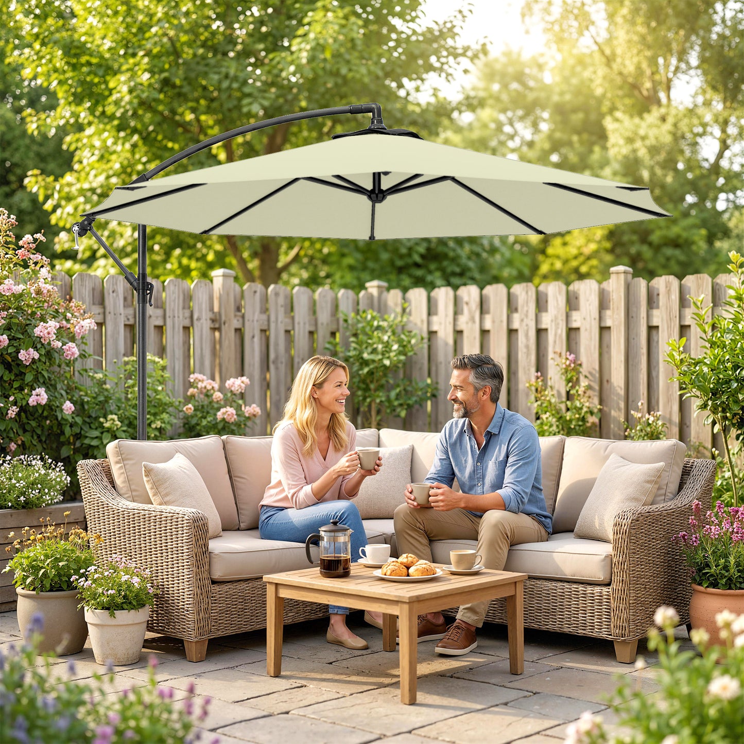 Outsunny 3m Overhanging Cantilever Parasol With Cross Base Beige Outdoor Patio Shade Eight Rib Canopy UV Protected