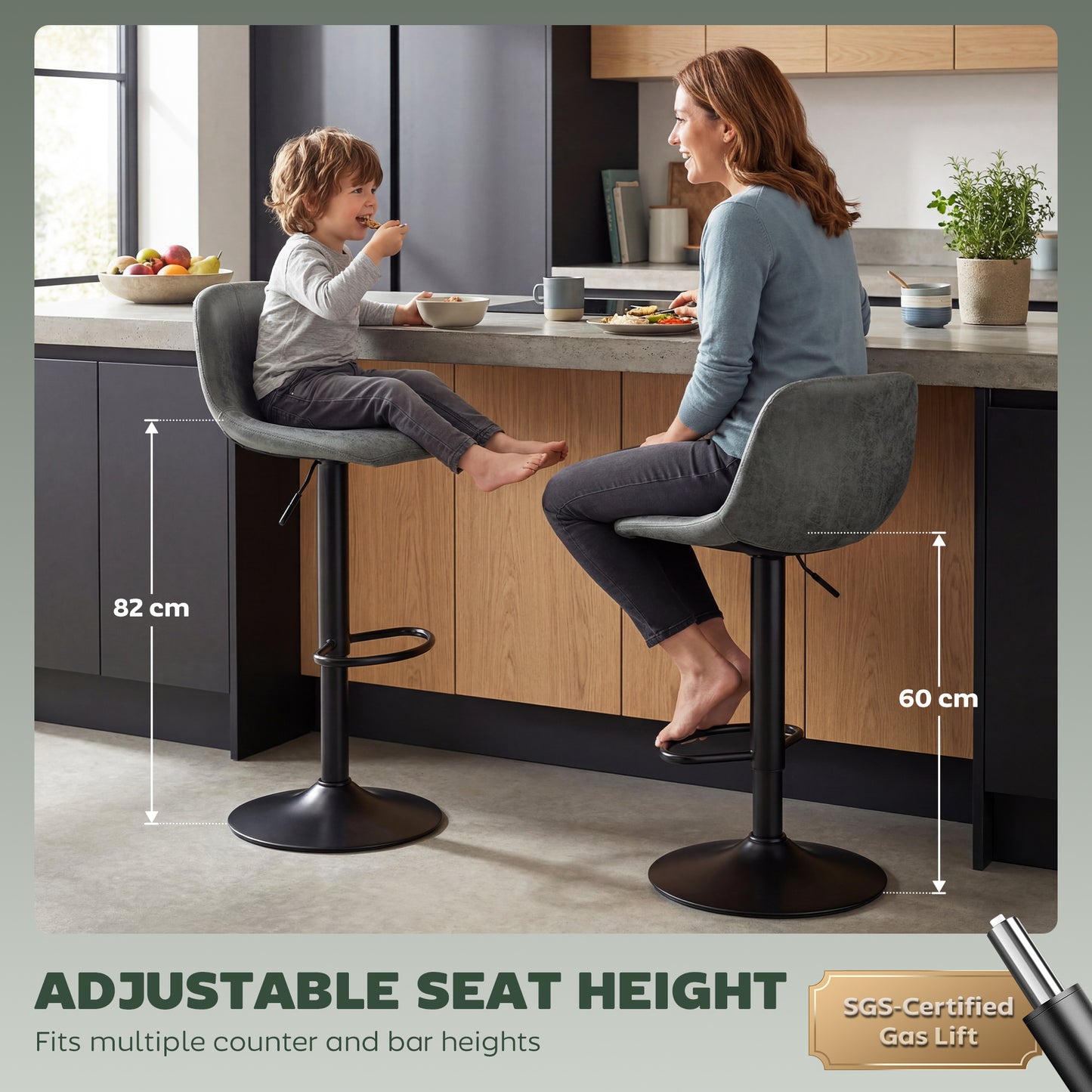 HOMCOM Set of 2 Adjustable Swivel Bar Stools with Footrest for Kitchen Island and Dining Room Green