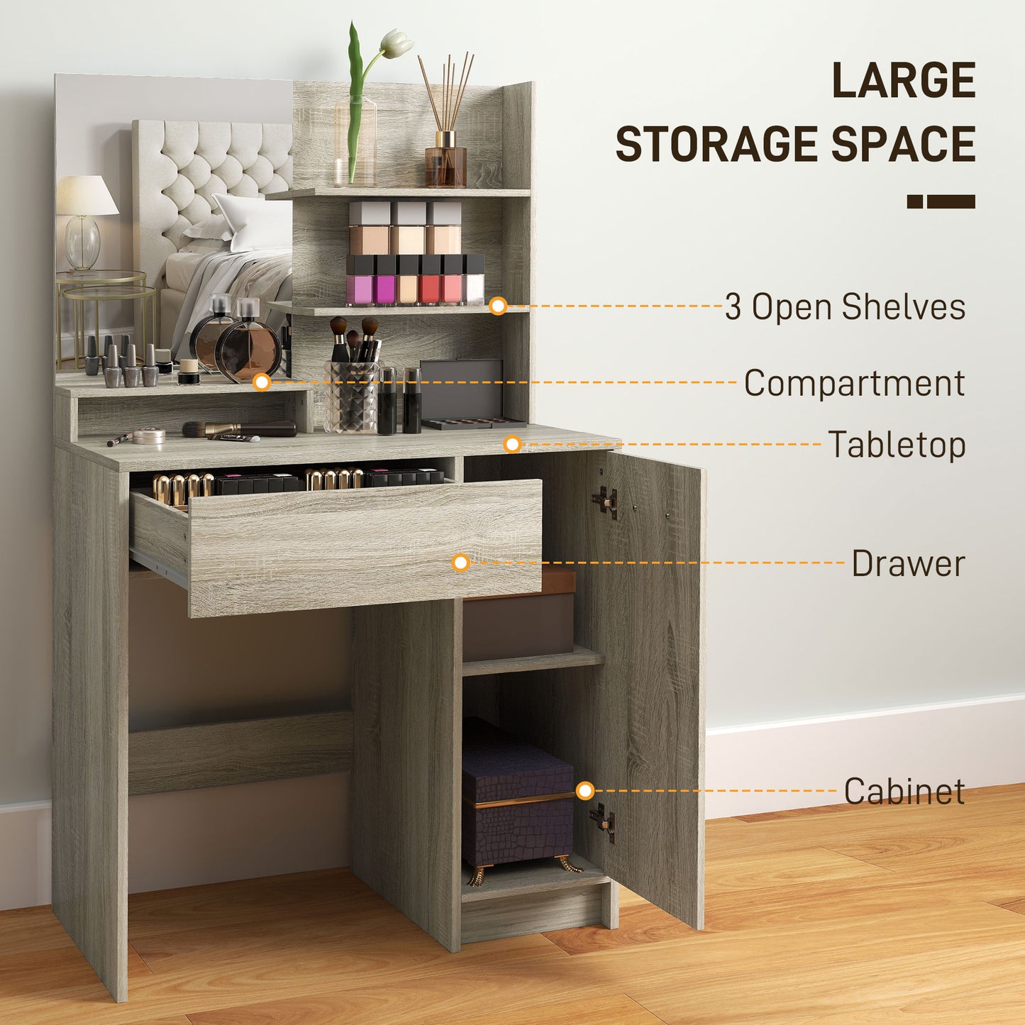 HOMCOM Dressing Table And Stool Set With Storage Mirror Drawer And Cupboard With Wood Effect Finish