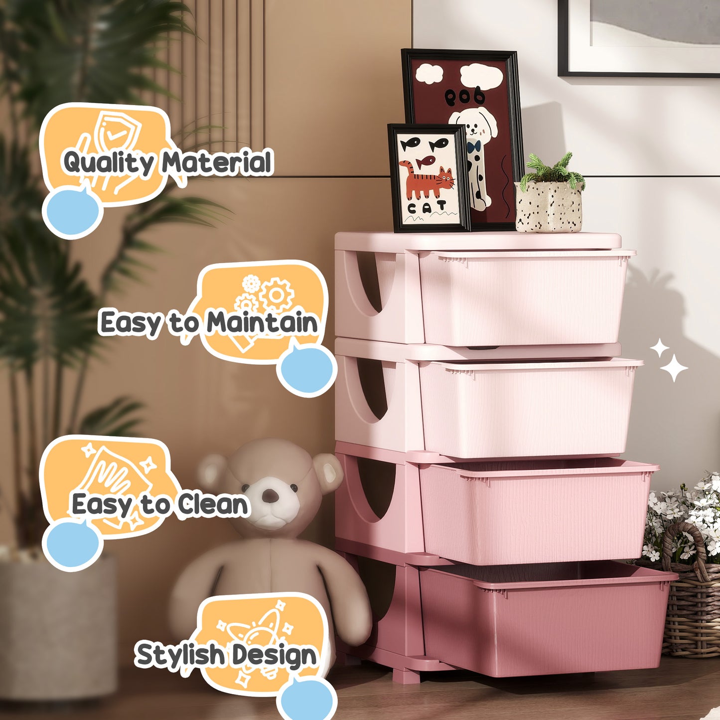 HOMCOM Four Tier Kids Storage Boxes With Four Drawers Pink Durable Plastic Toy Organizer