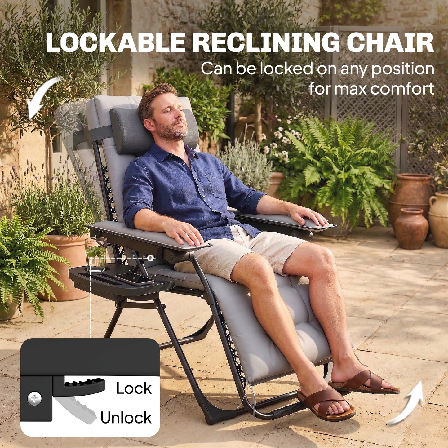 Outsunny Zero Gravity Folding Sun Lounger Recliner With Arm Pads Cushion Cup Holder Headrest Light Grey