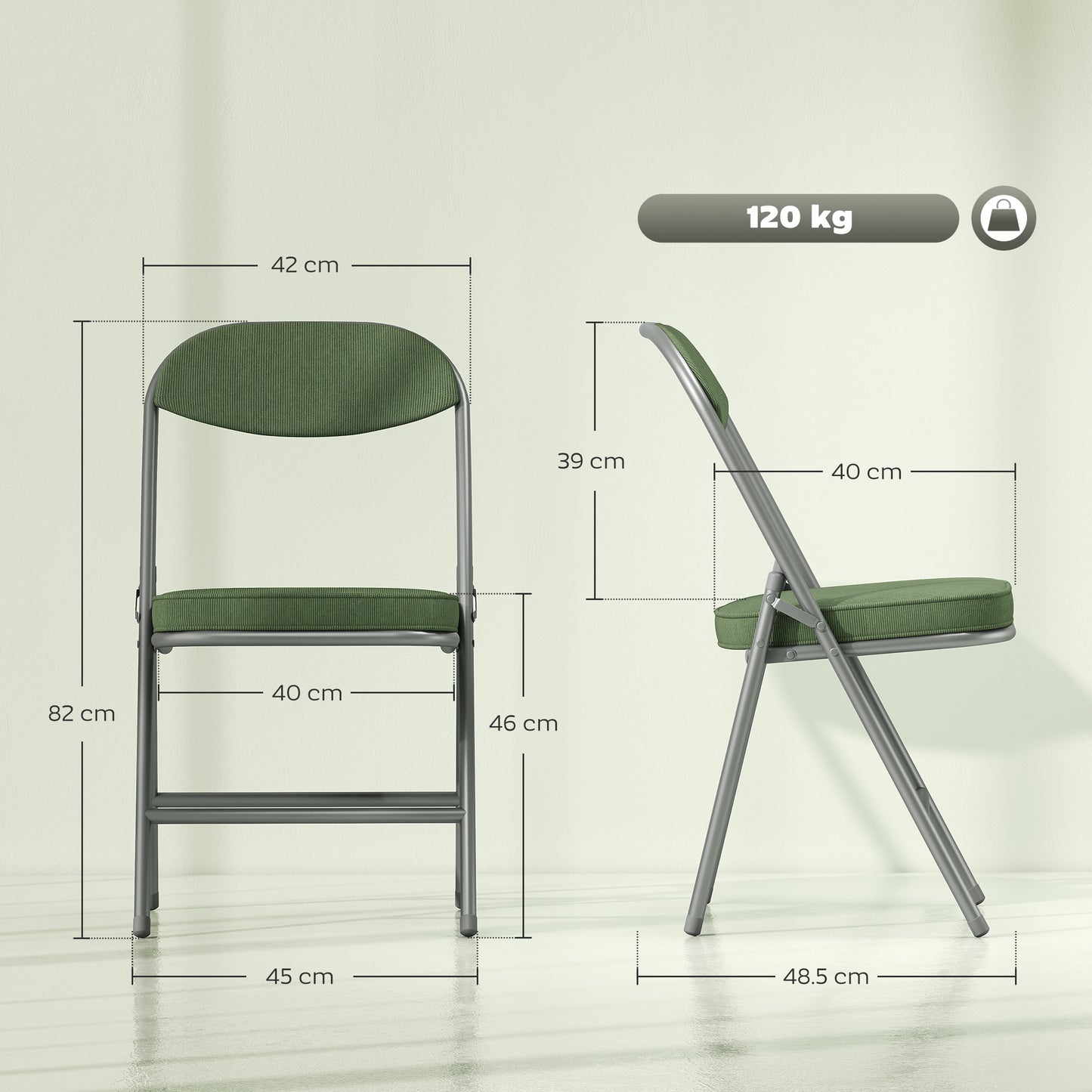 HOMCOM Set Of Four Folding Corduroy Chairs Green Padded Seat And Back Steel Frame