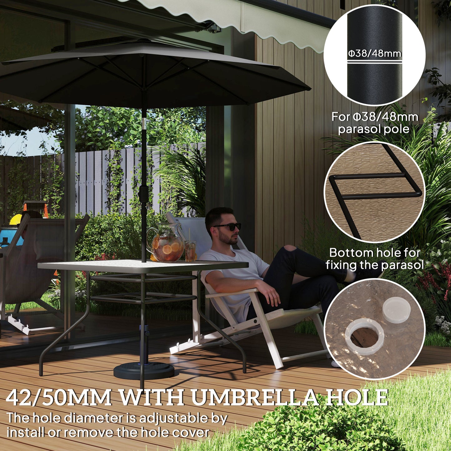 Outsunny Square Garden Dining Table With Tempered Glass Top And Umbrella Hole 100 X 100 Cm