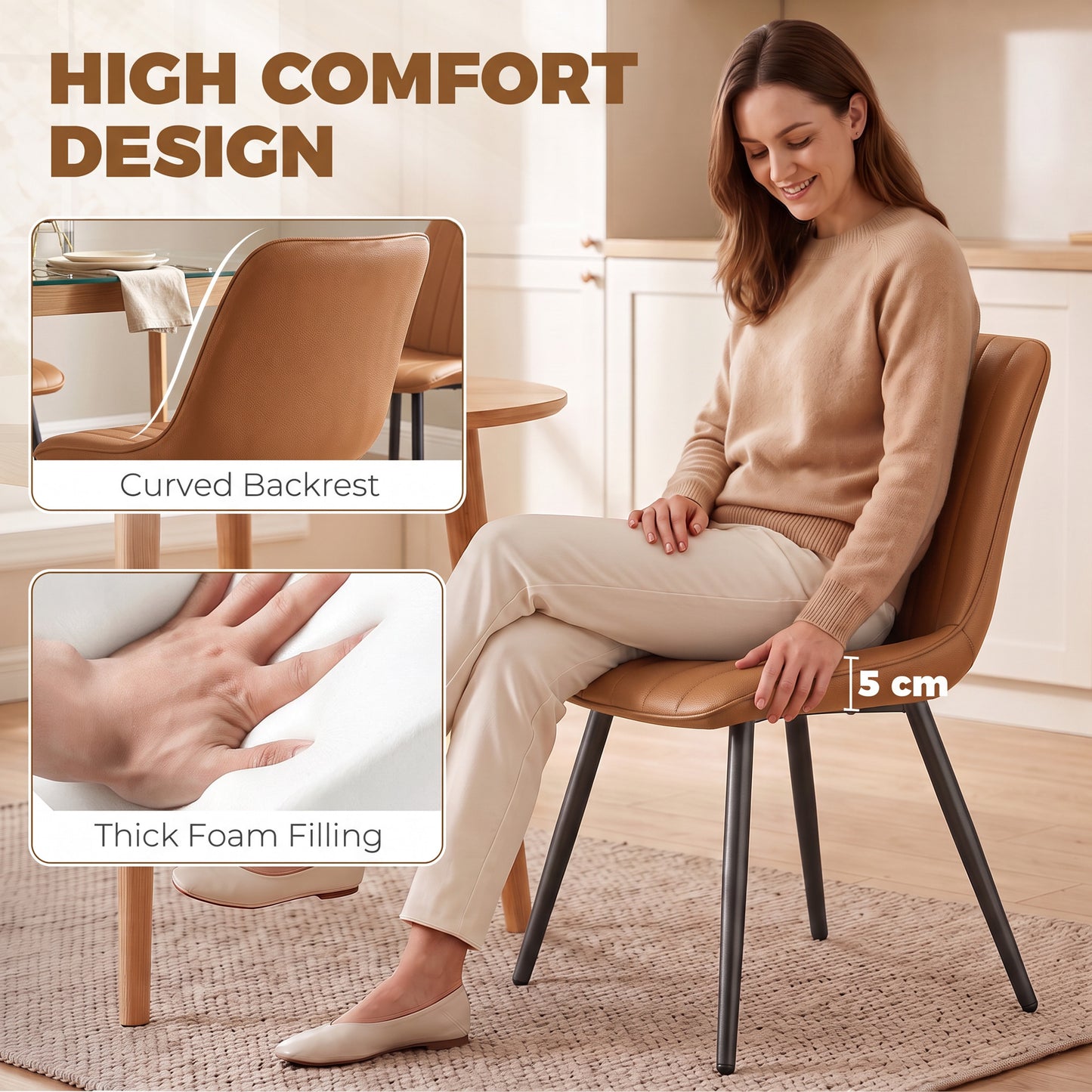HOMCOM Faux Leather Dining Chairs Set Of 2 Comfortable Modern Kitchen Brown