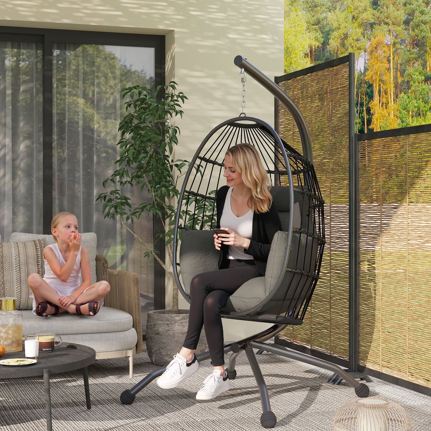 Outsunny Hanging Egg Chair With Stand For Patio Balcony Outdoor Garden Swing Thick Cushion Cup Holder Headrest Dark Grey