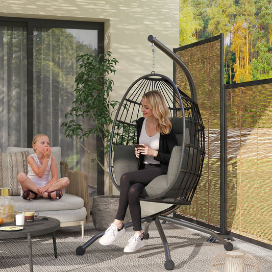 Outsunny Hanging Egg Chair With Stand For Patio Balcony Outdoor Garden Swing Thick Cushion Cup Holder Headrest Dark Grey