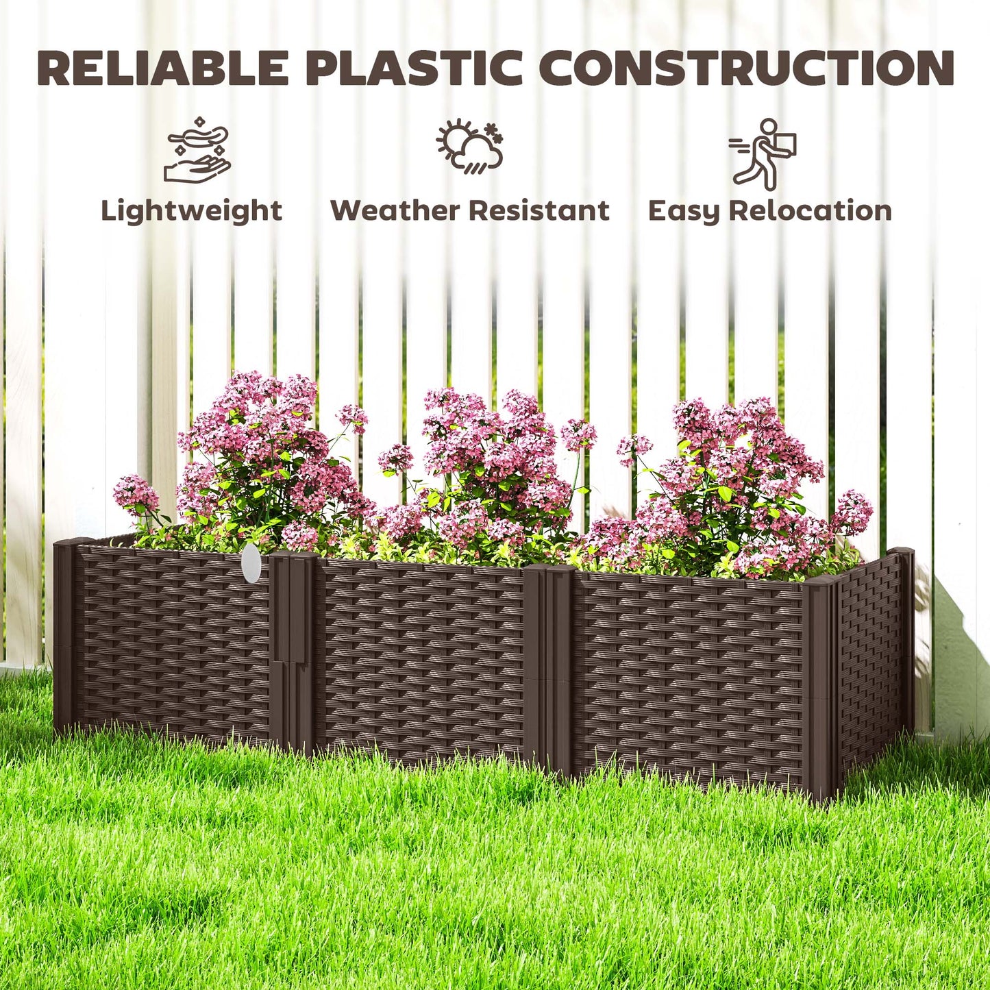 Outsunny Plastic Raised Garden Bed Modular Planter Box Kit Garden Fence Edging Border Flowers Vegetables Herbs Brown