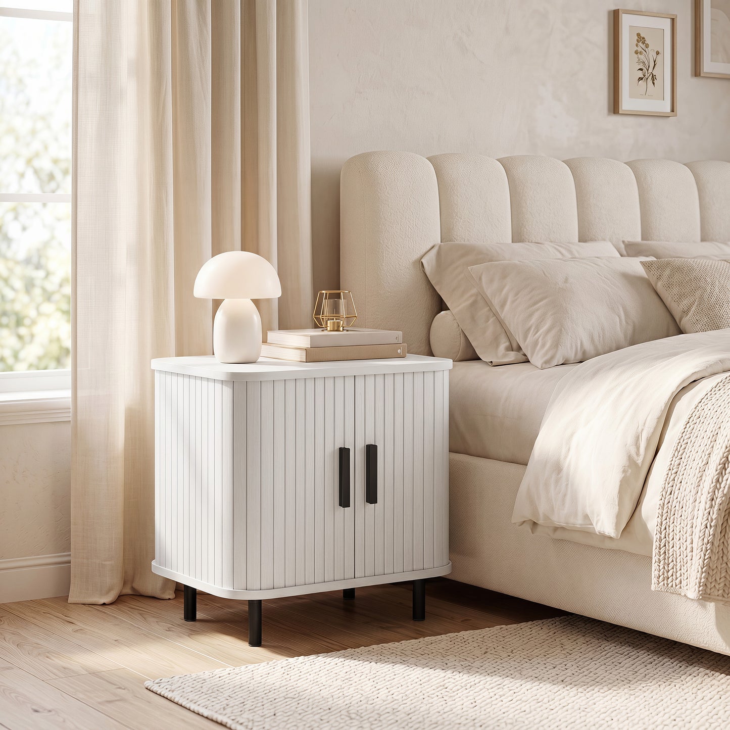 HOMCOM Nordic Design Nightstand With Sliding Doors And Metal Legs White Wood Effect