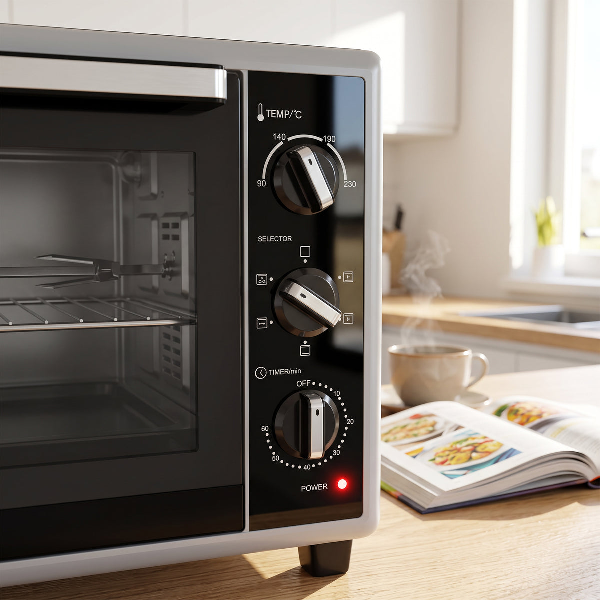 Mini oven control panel with temperature selector dial and mode knobs, black finish