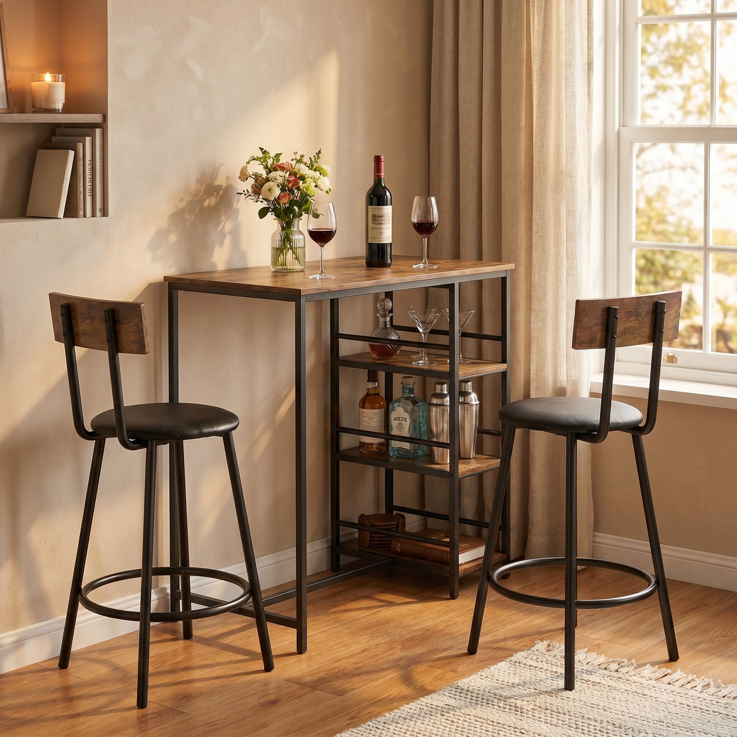 HOMCOM Space Saving Bar Table and PU Leather Stools 3 Piece Breakfast Bar Set for 2 with Storage Shelves Rustic Brown