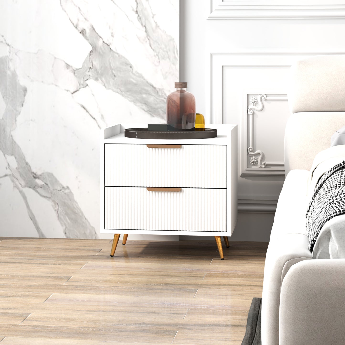 Homcom White Two Drawer Bedside Table With Gold Tone Handles And Flat Top Storage Nightstand