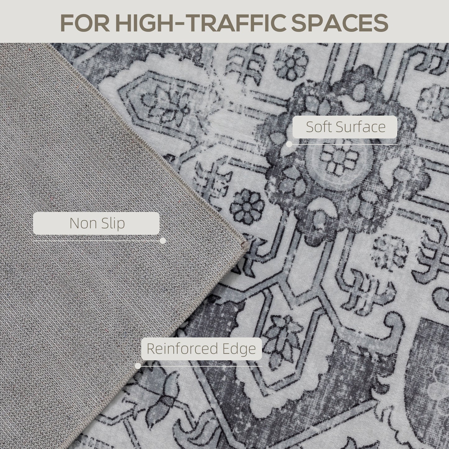 HOMCOM Vintage Area Rug Non Slip Washable Flannel Floor Carpet For Living Room And Bedroom Grey 230 X 160 Cm