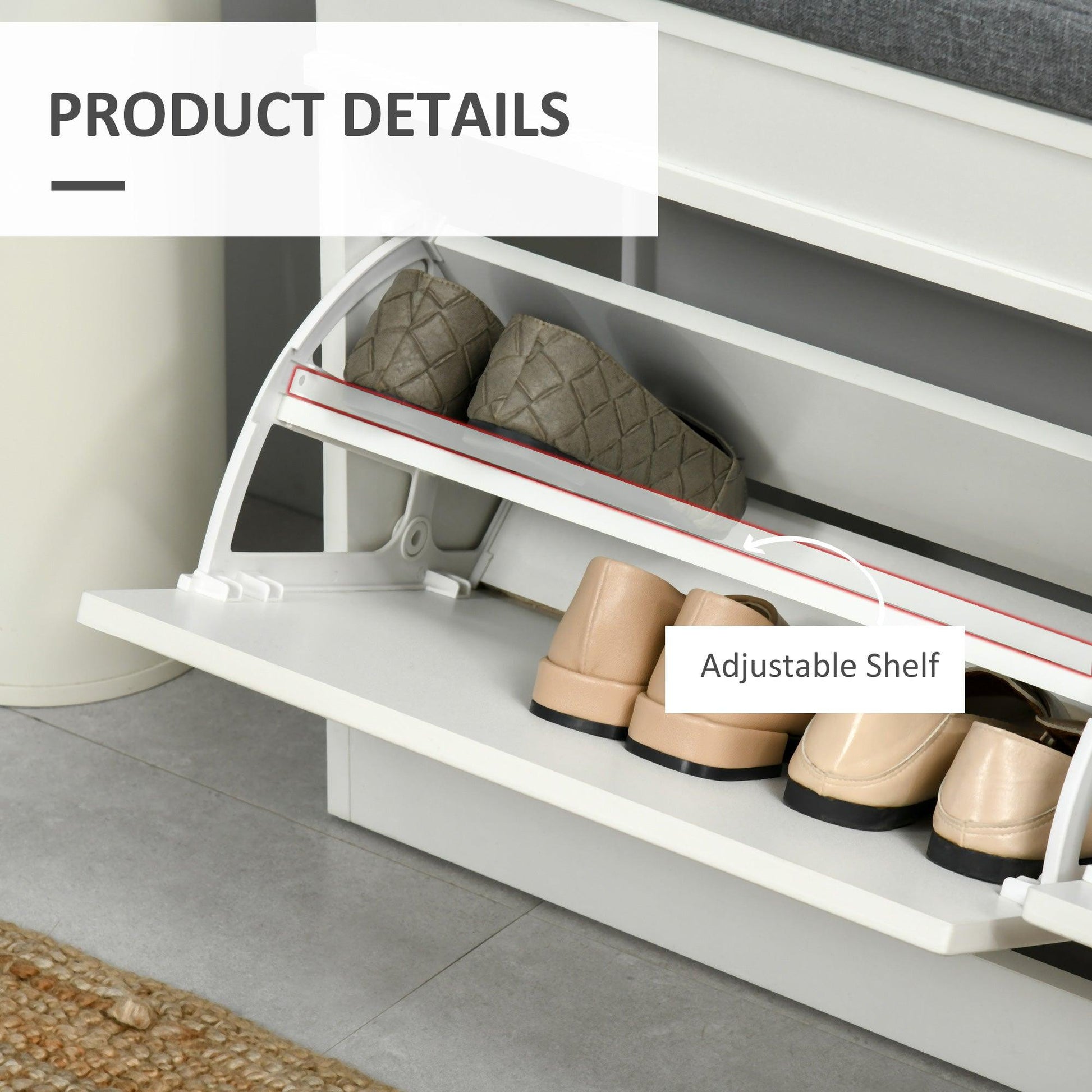 HOMCOM White Shoe Storage Bench with Cushioned Seat and Drawers - ALL4U RETAILER LTD