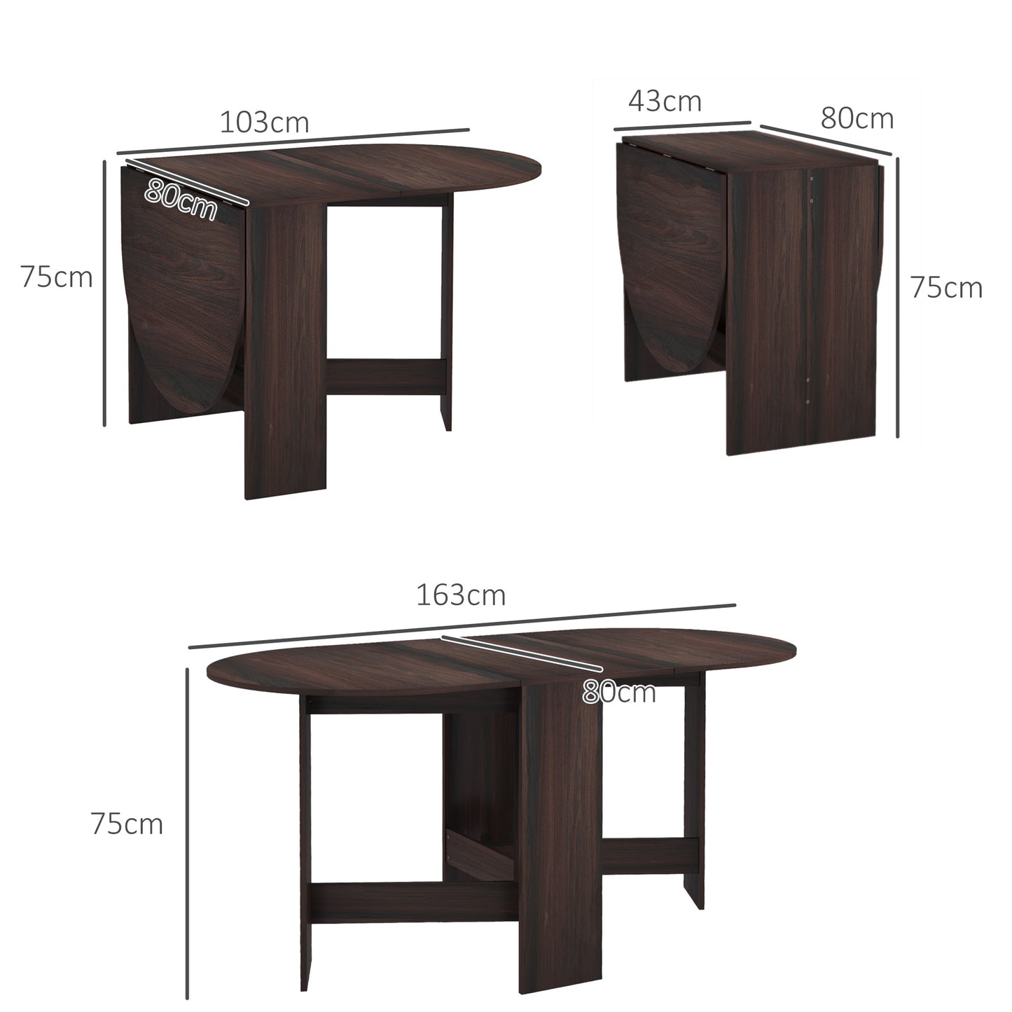 HOMCOM Folding Dining Table For Small Spaces With Drop Leaf Oval Tabletop In Chocolate Wood Effect