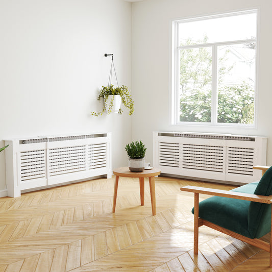 HOMCOM Set of 2 MDF Extendable Radiator Covers with Cabinet Shelving for Home Office White Slatted Design