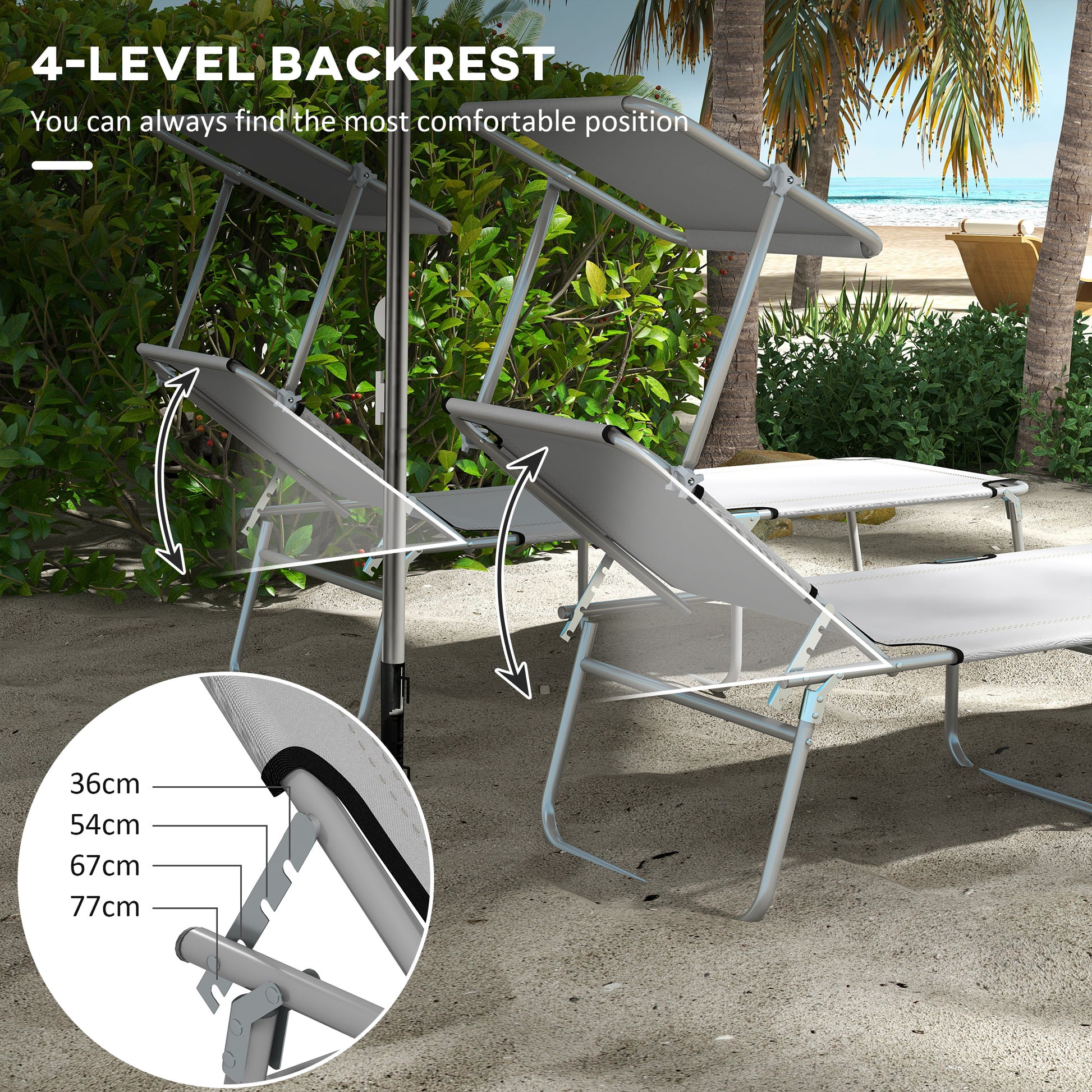 Outsunny Adjustable Outdoor Sun Lounger Set of 2 with Canopy Shade | Reclining Folding Chairs - ALL4U RETAILER LTD