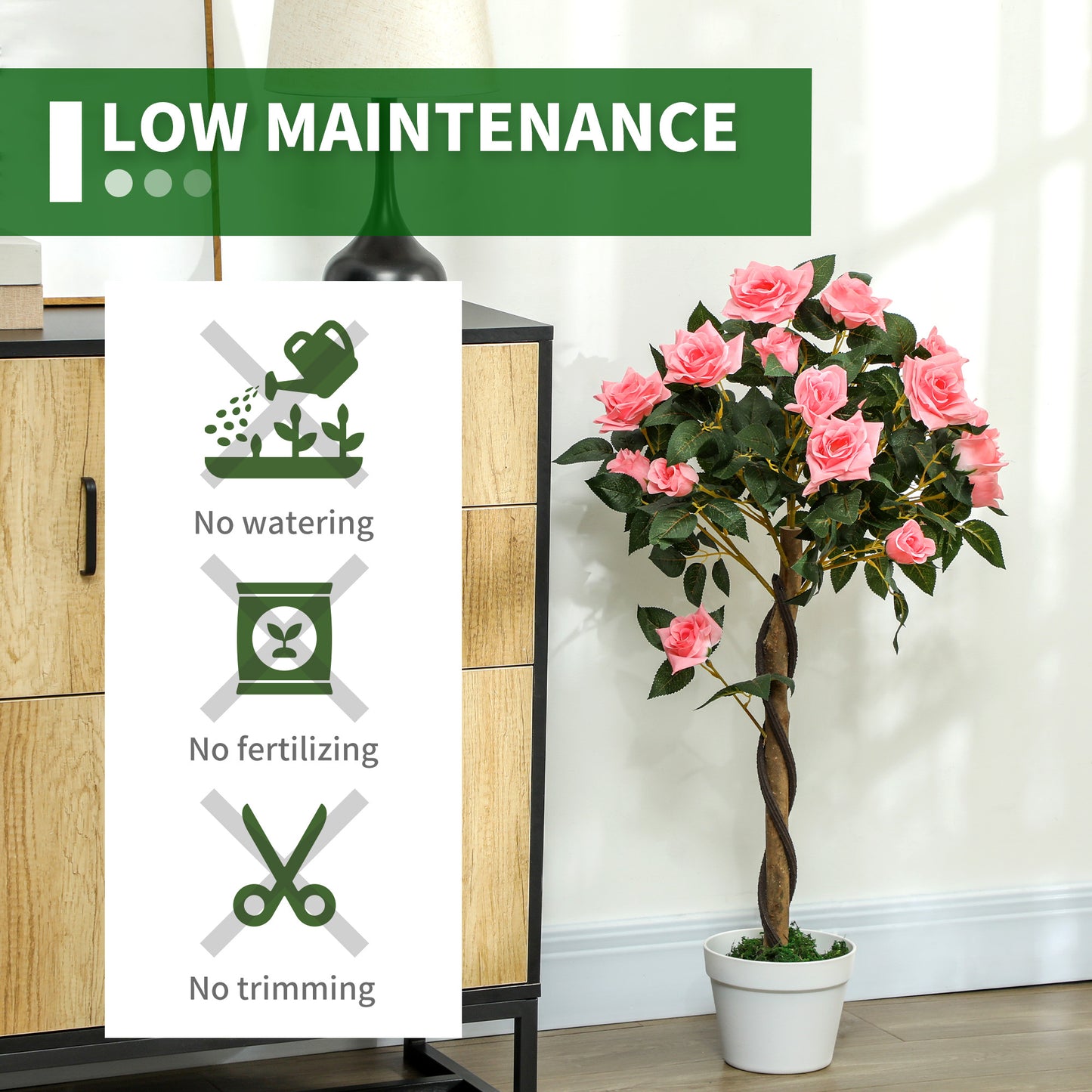 Outsunny Set Of 2 Artificial Pink Rose Plants In Pots 90cm Tall For Home Indoor Decor