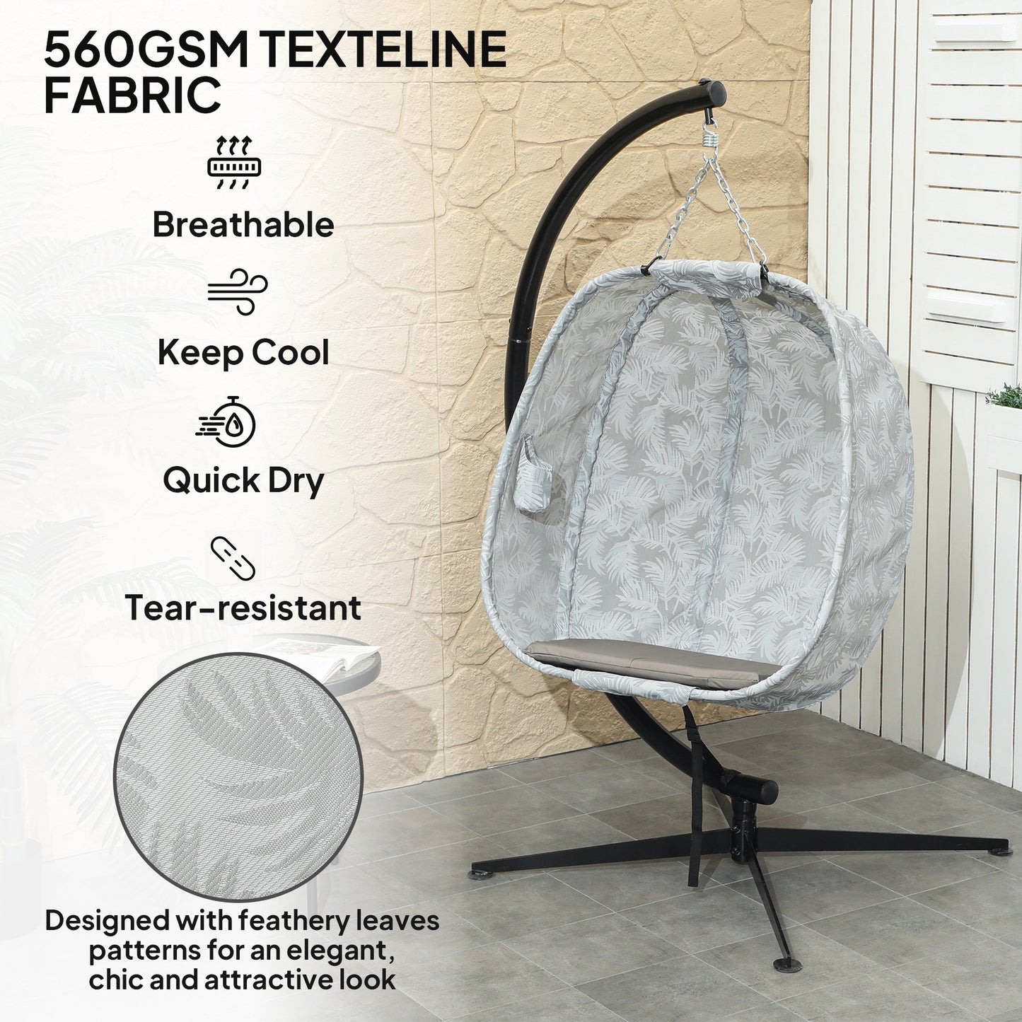 Outsunny Hanging Egg Chair With Stand And Folding Basket Thickened Cushion Cup Holder Sand Brown Patio Balcony Garden
