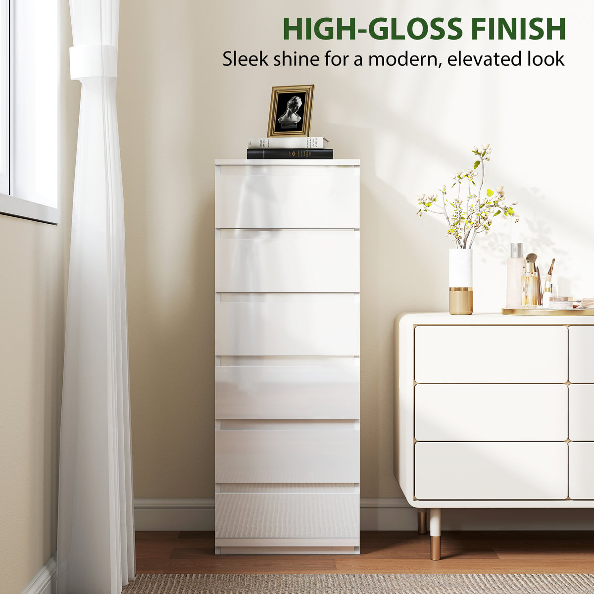 High-gloss white 6-drawer slim chest of drawers, front view with smooth top