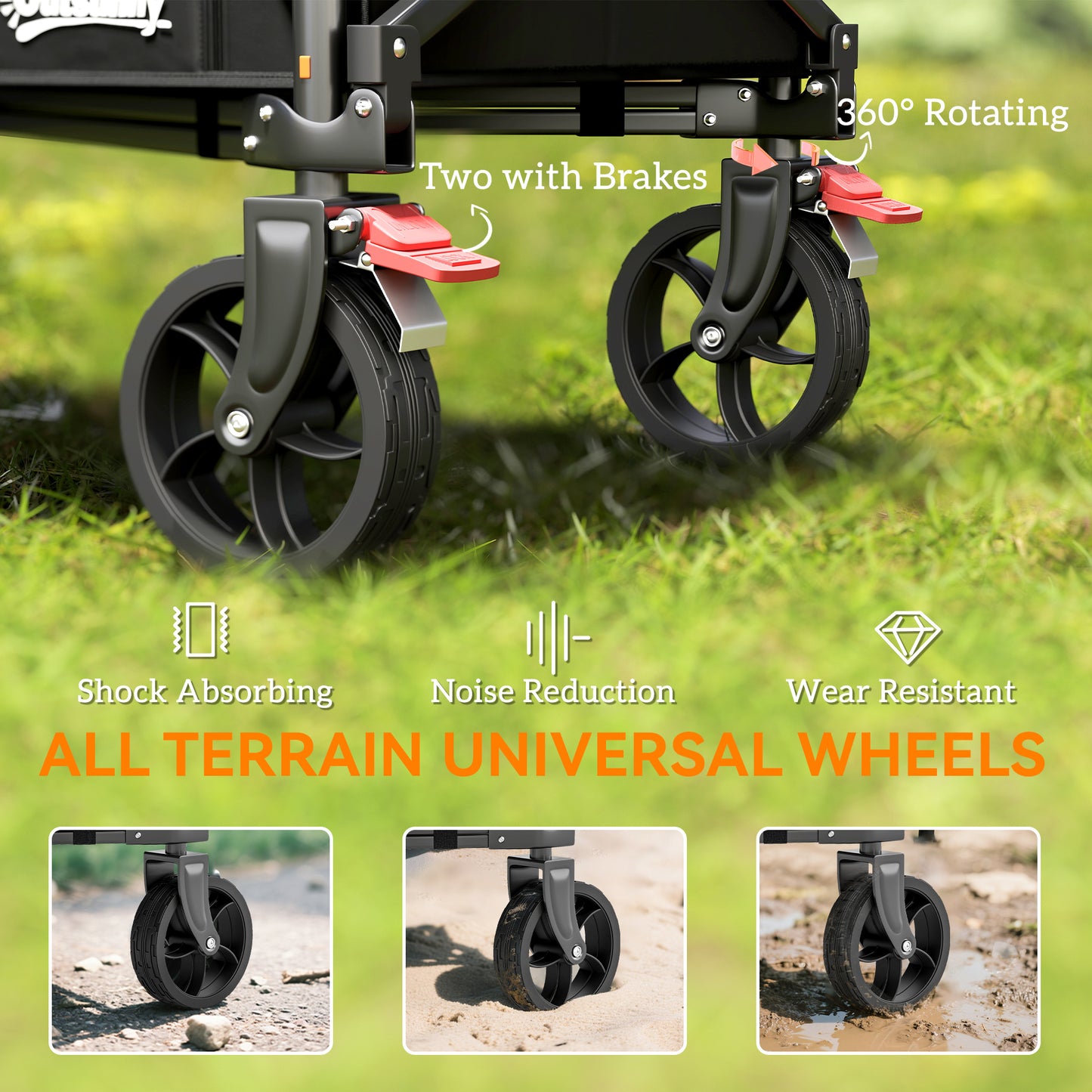 Outsunny Foldable Camping Trolley Cart 150L Open Sides Adjustable Handle Brakes For Shopping Beach Garden Fishing Black