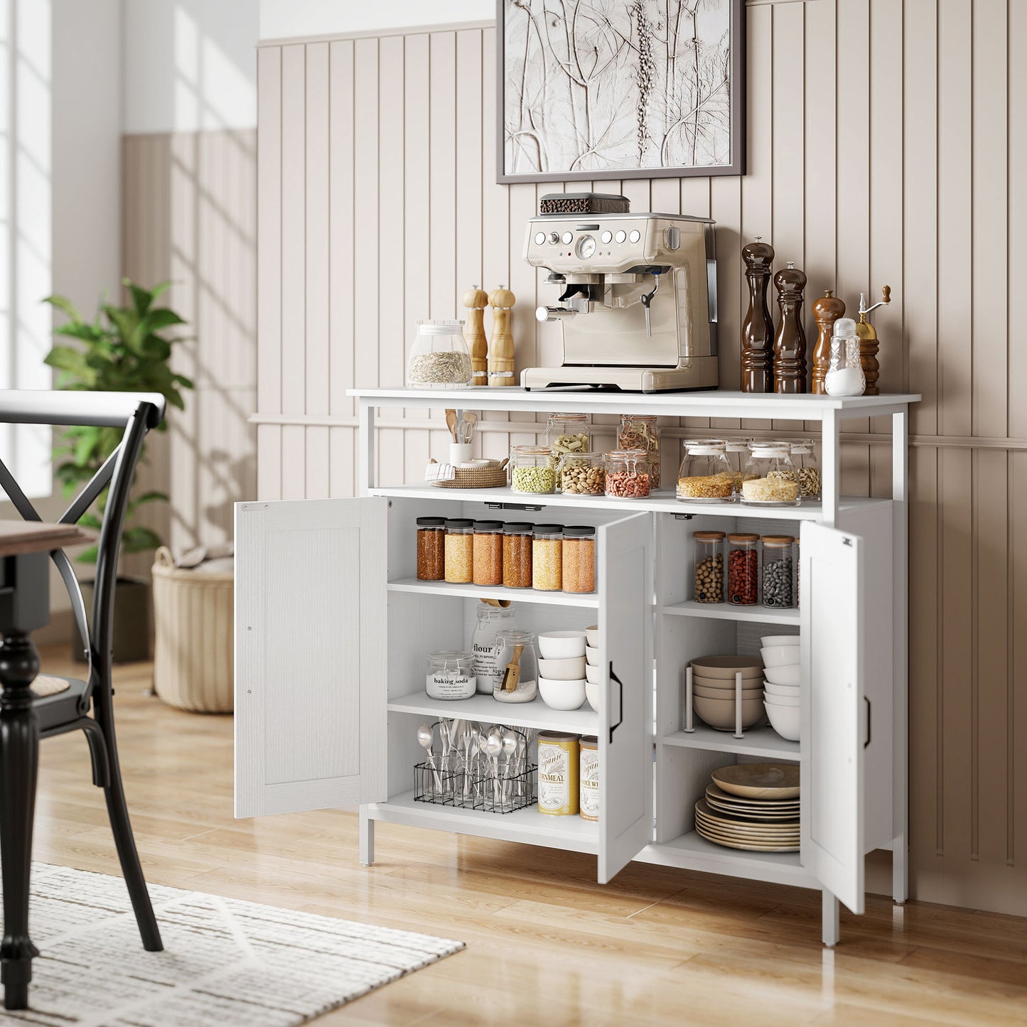 HOMCOM Industrial Kitchen Sideboard With Open Shelf And Two Cabinets, Adjustable Shelves Living Room Dining Room White
