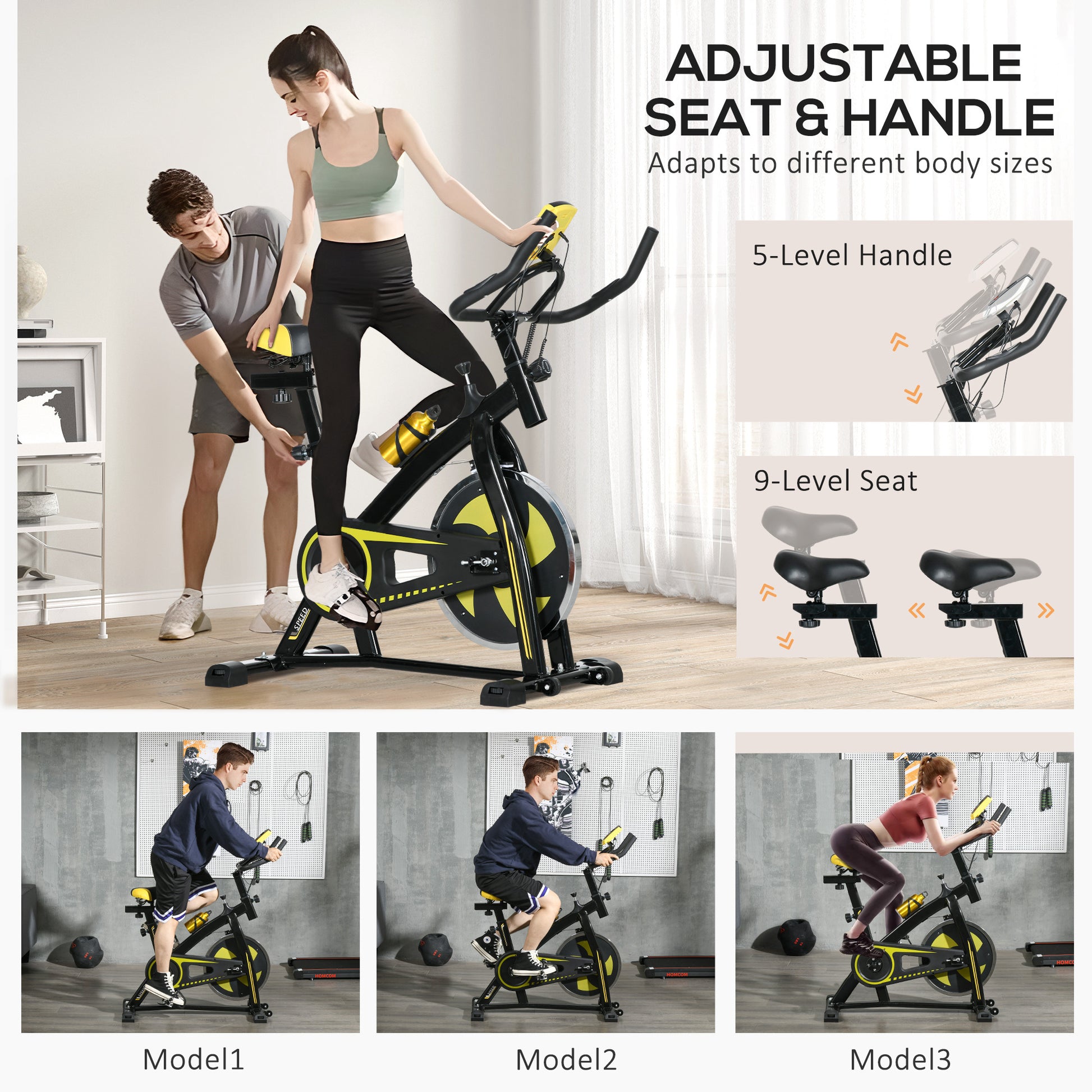 SPORTNOW Indoor Cycling Bike with Adjustable Features for Home Workouts - Yellow - ALL4U RETAILER LTD