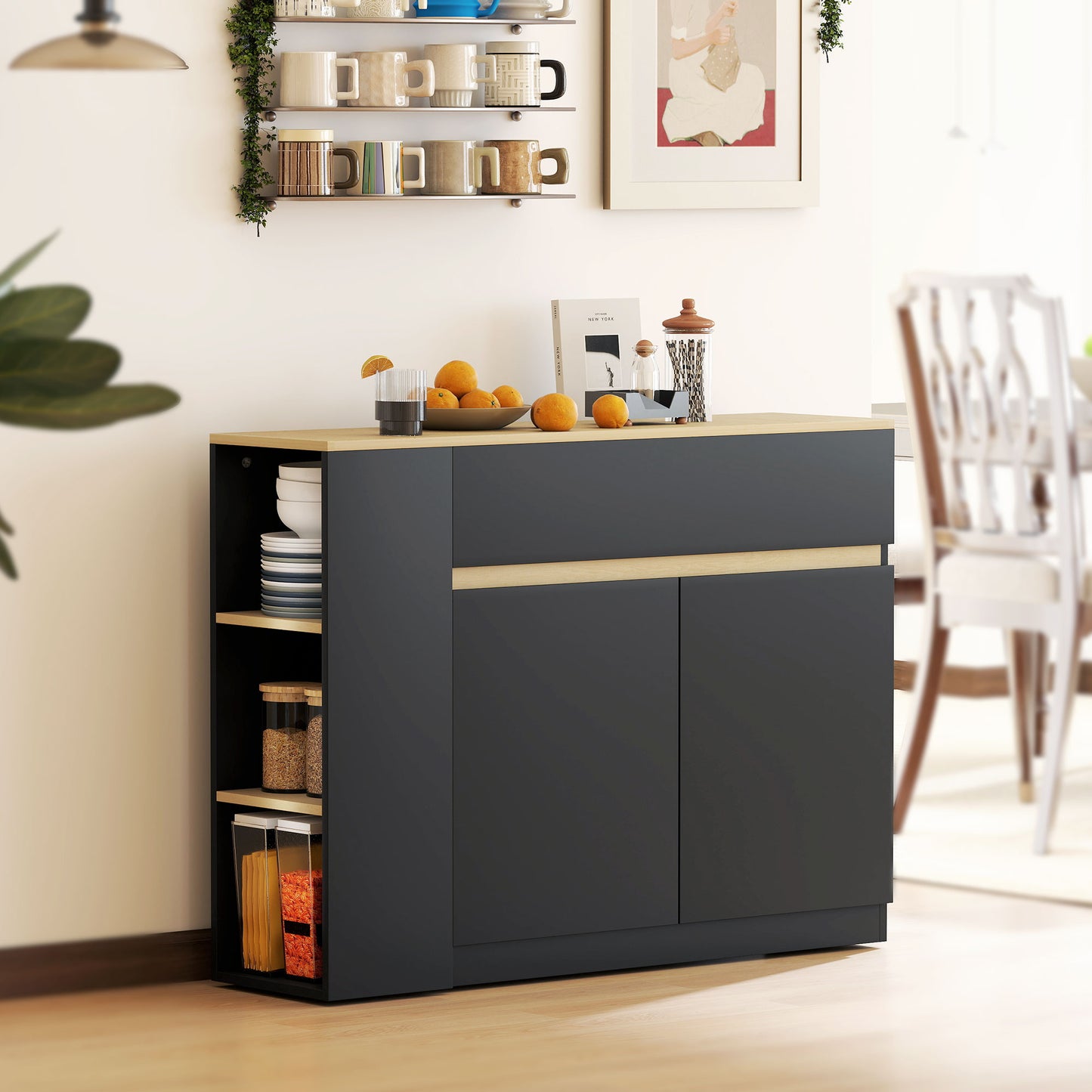 HOMCOM Kitchen Island With Storage Cabinet And Adjustable Shelf Two Drawers Three Open Shelves Black