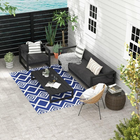 Outsunny Reversible RV Outdoor Rug - Plastic Straw Material, Portable with Carry Bag - 182 x 274cm - Blue and White - ALL4U RETAILER LTD