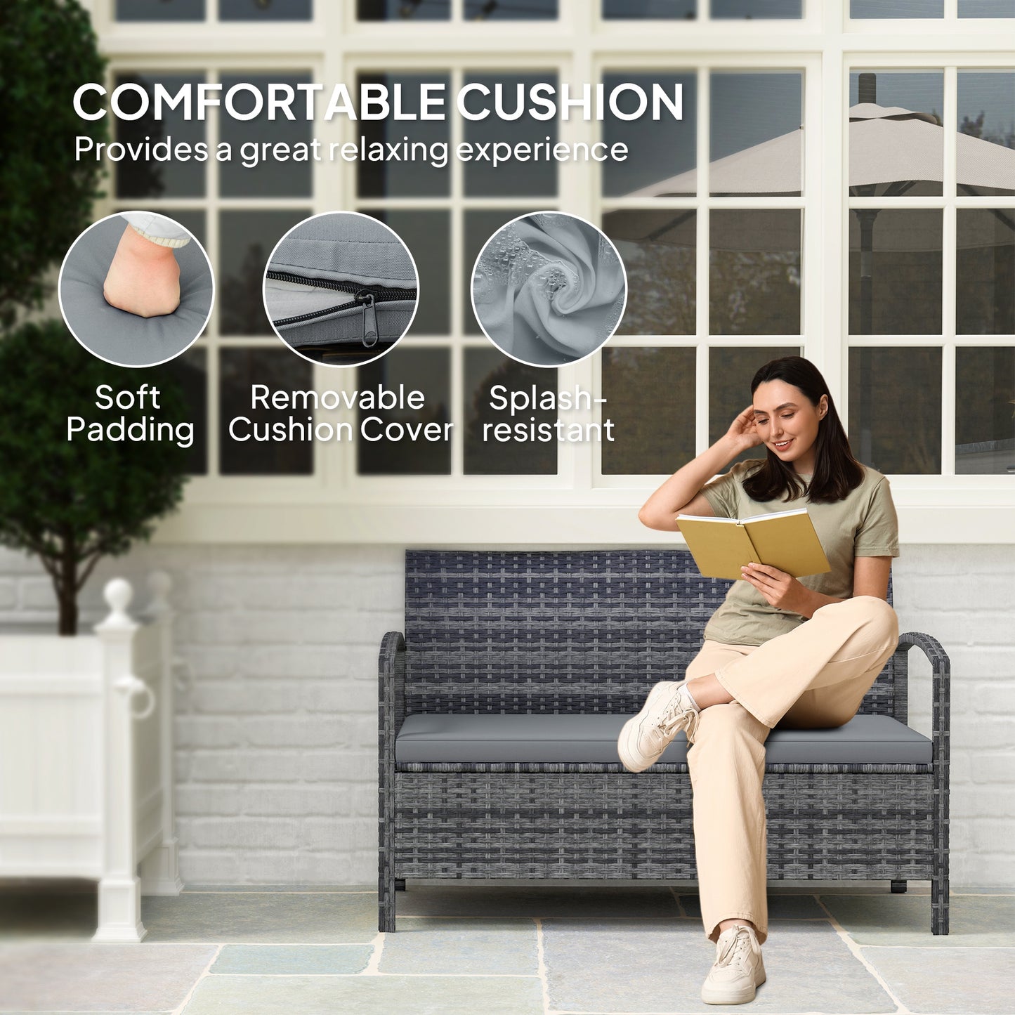 Outsunny 125L Storage Garden Bench With Cushion Grey Two In One Rattan Wicker Seat And Storage Box