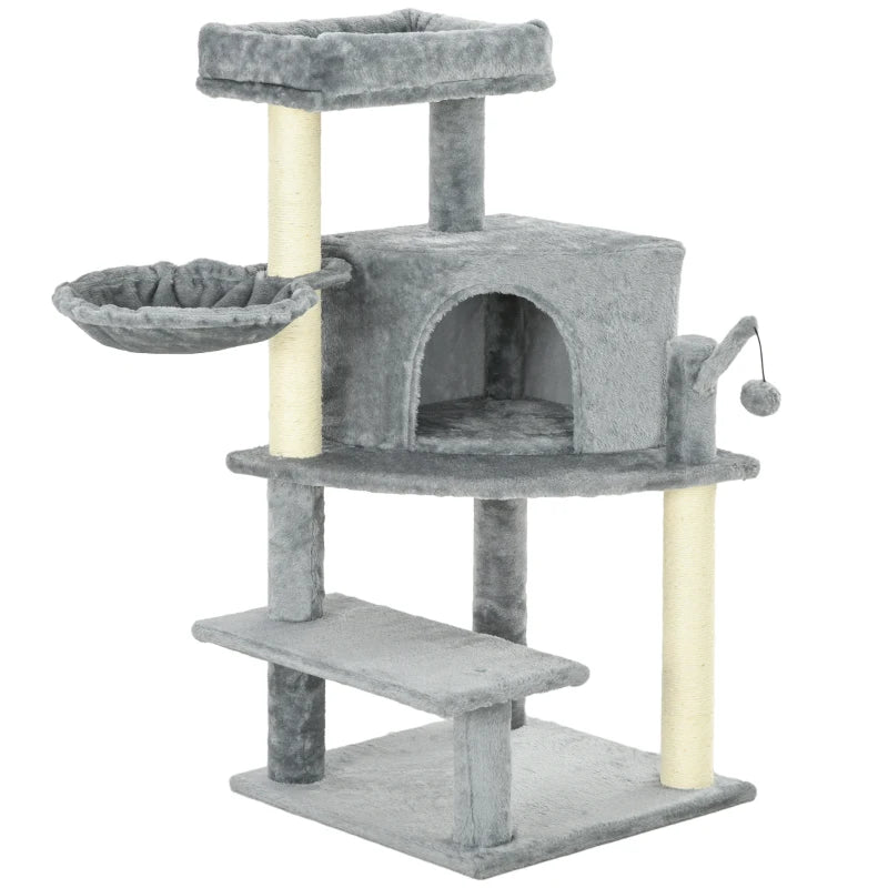 PawHut 100cm Grey Cat Tree Tower with Sisal Scratching Post - Sturdy & Stylish Furniture for Your Feline Friend