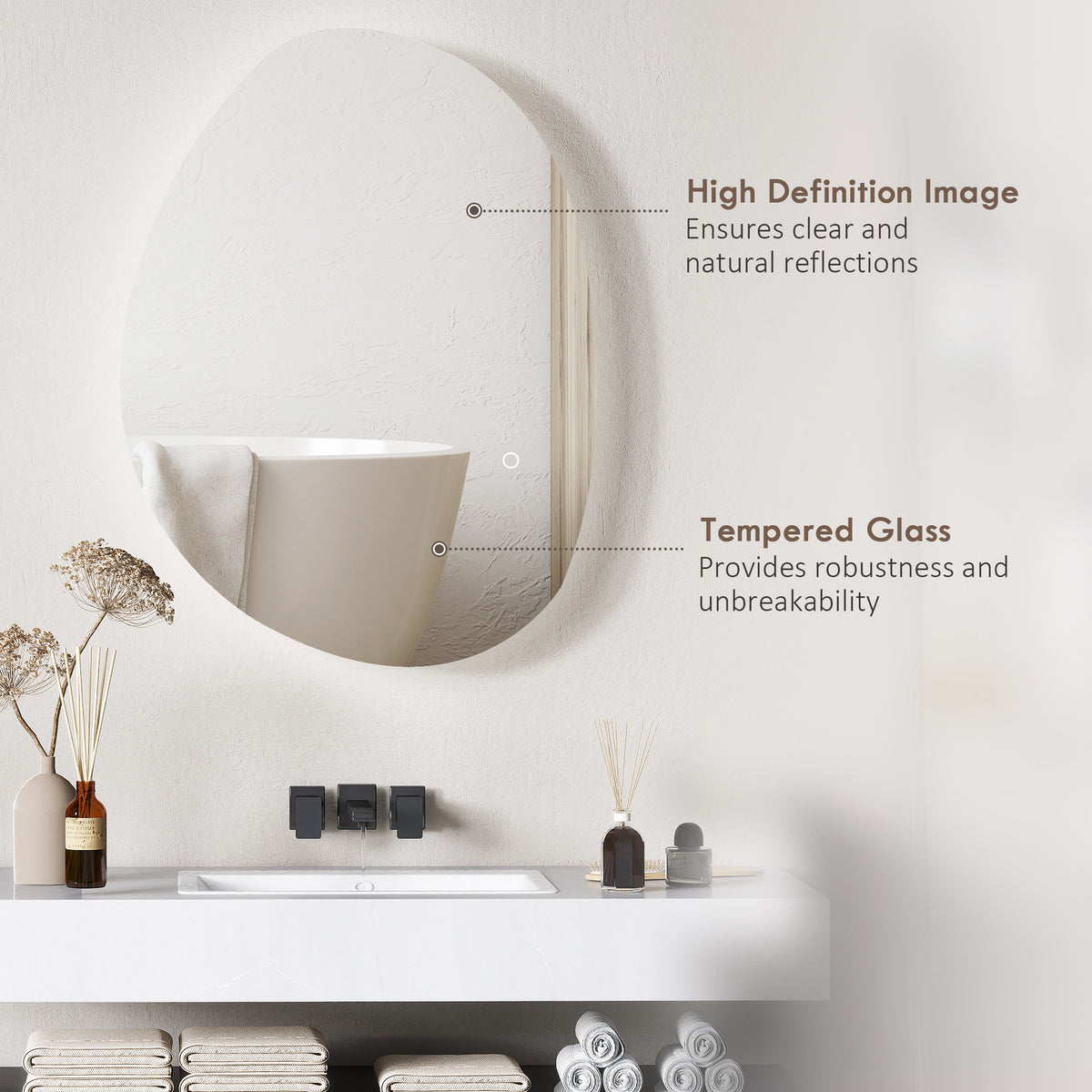 Oval LED bathroom mirror with soft glow, tempered glass panel above vanity.