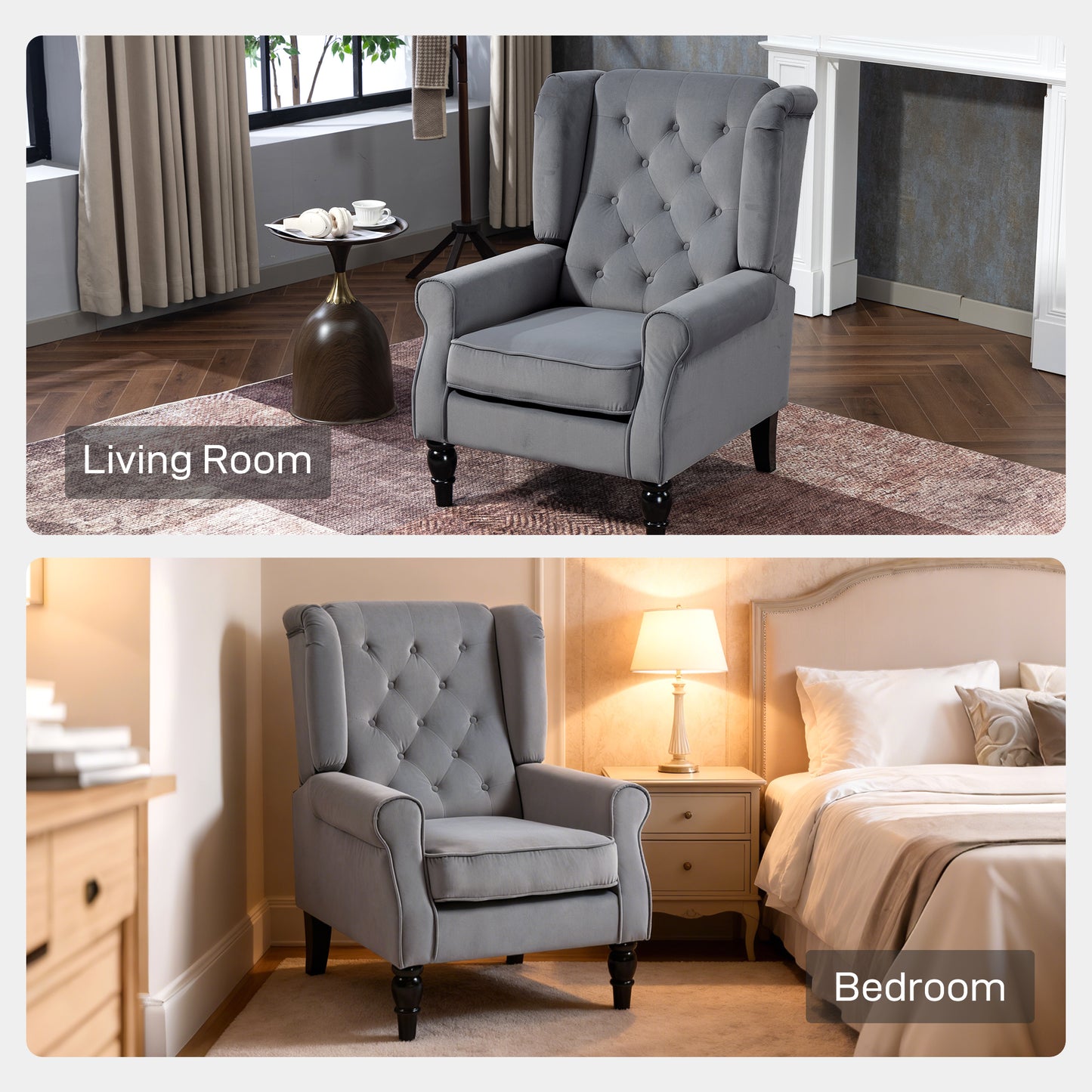 HOMCOM Wingback Accent Chair Retro Upholstered Button Tufted Occasional Chair for Living Room and Bedroom Light Grey