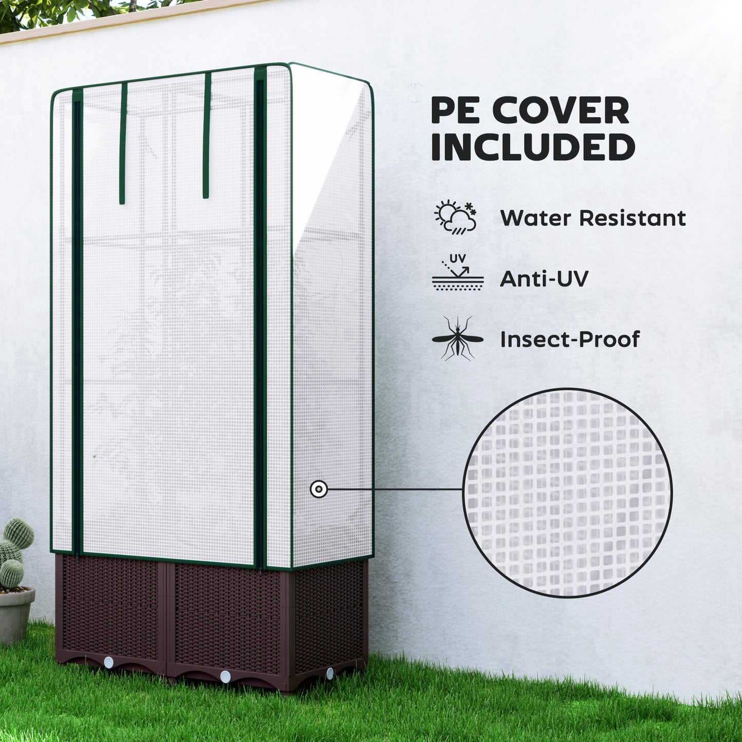 Outsunny Raised Garden Bed With Trellis Plastic Planter Box PE Cover 80 X 40 X 140 cm For Climbing Plants Flowers