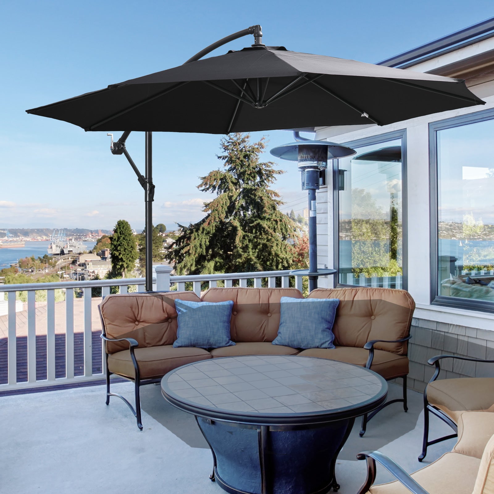 Outsunny Large Black Cantilever Patio Umbrella with Adjustable Canopy - 3M Outdoor Shade - ALL4U RETAILER LTD