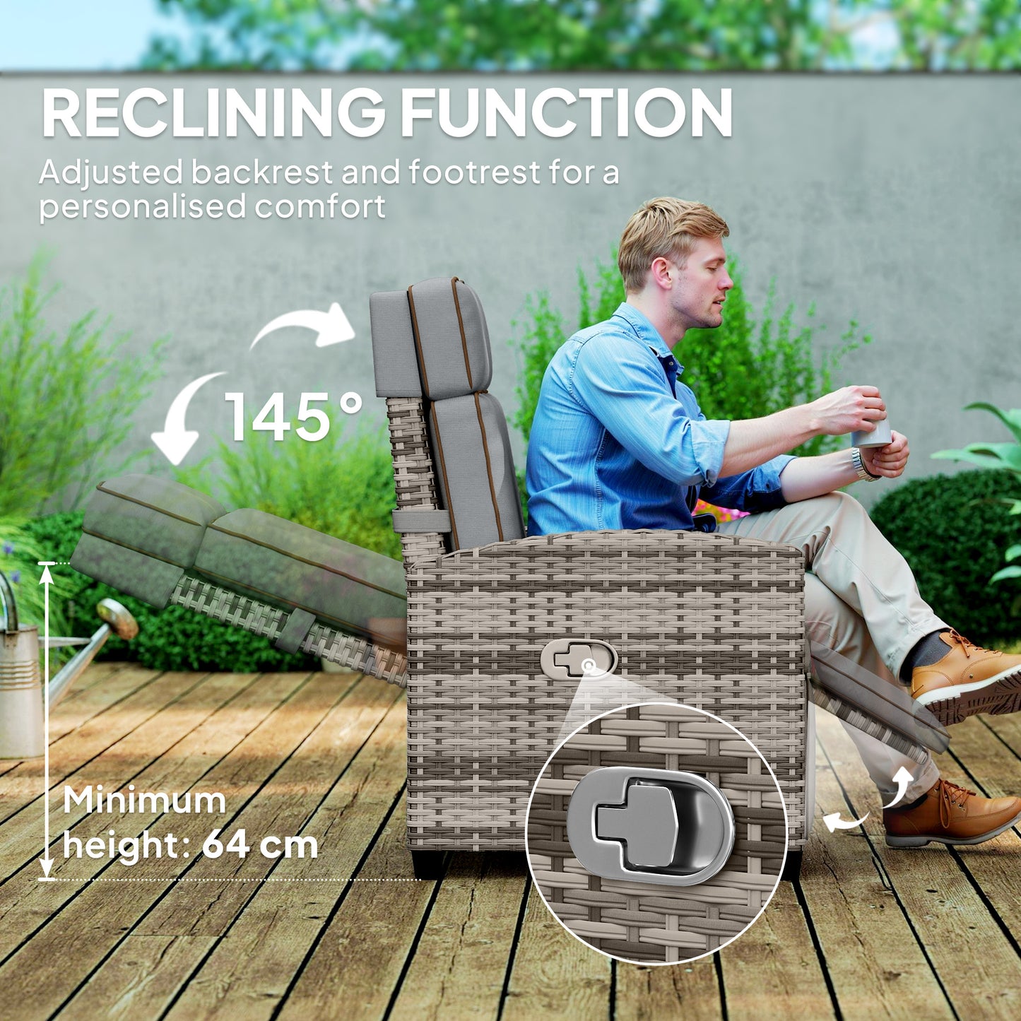 Outsunny 145 Degree Reclining Rattan Armchair With Footrest In Mixed Grey Outdoor