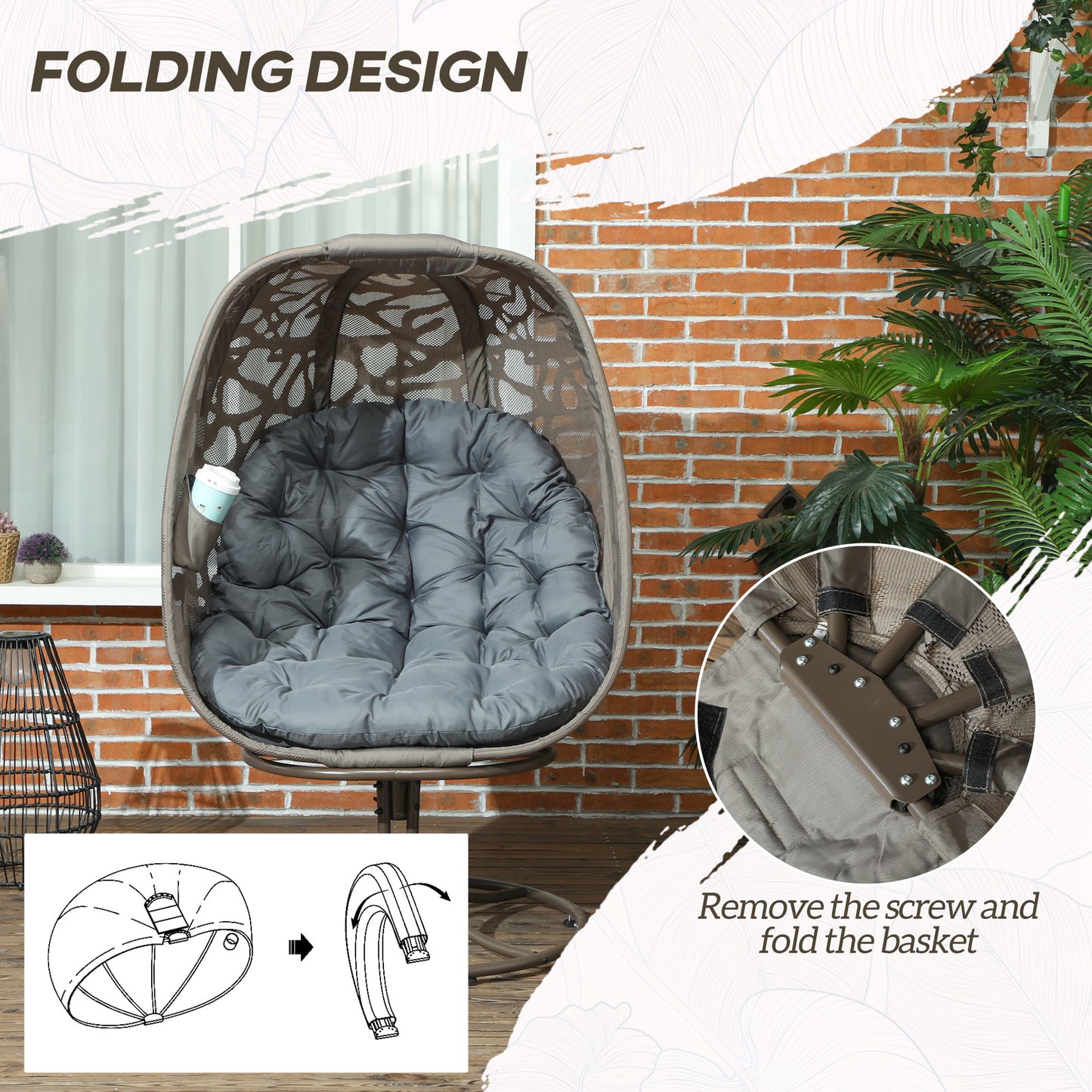 Outsunny Swivel Egg Chair with Cushions Grey Metal Frame Indoor Outdoor Lounge Chair for Patio Balcony Living Room