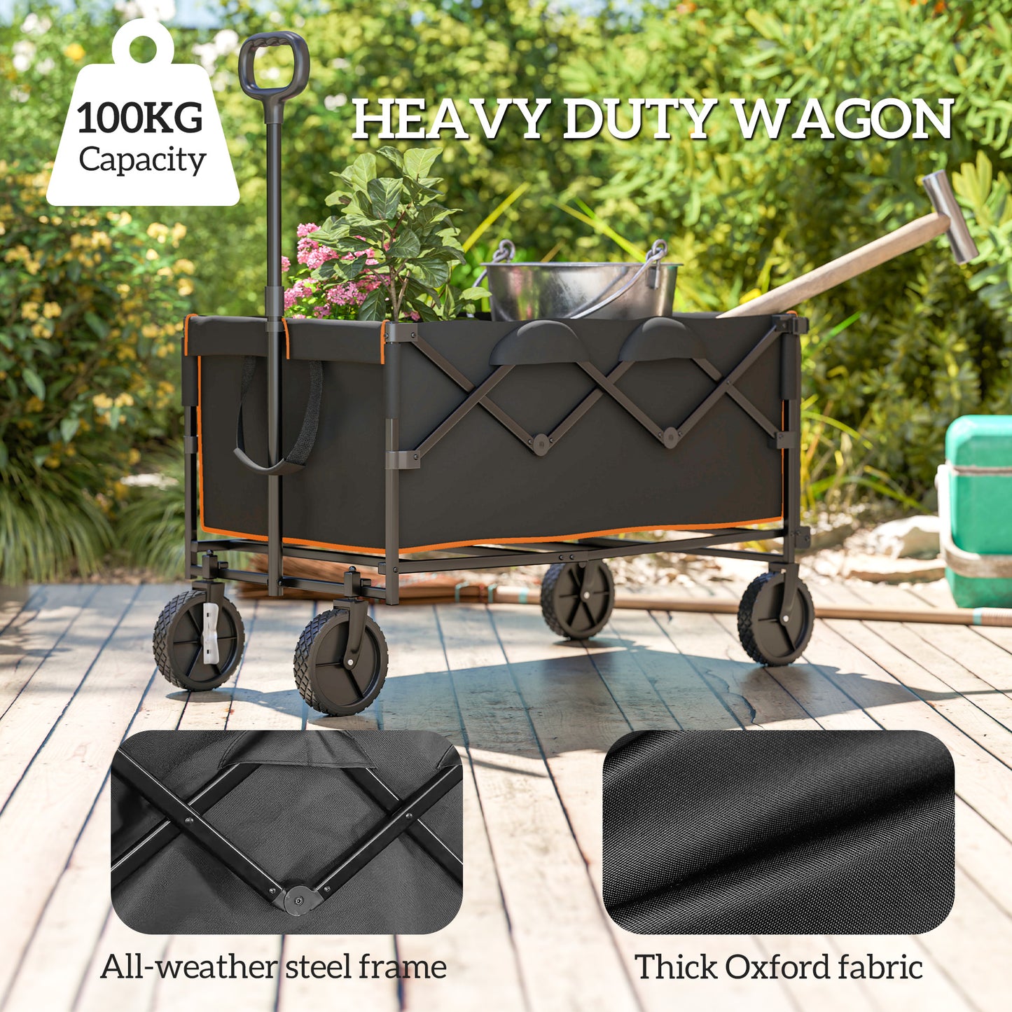 Outsunny 160L Festival Trolley On Wheels Folding Camping Cart With Tailgate 100kg Carry Bag Black And Orange