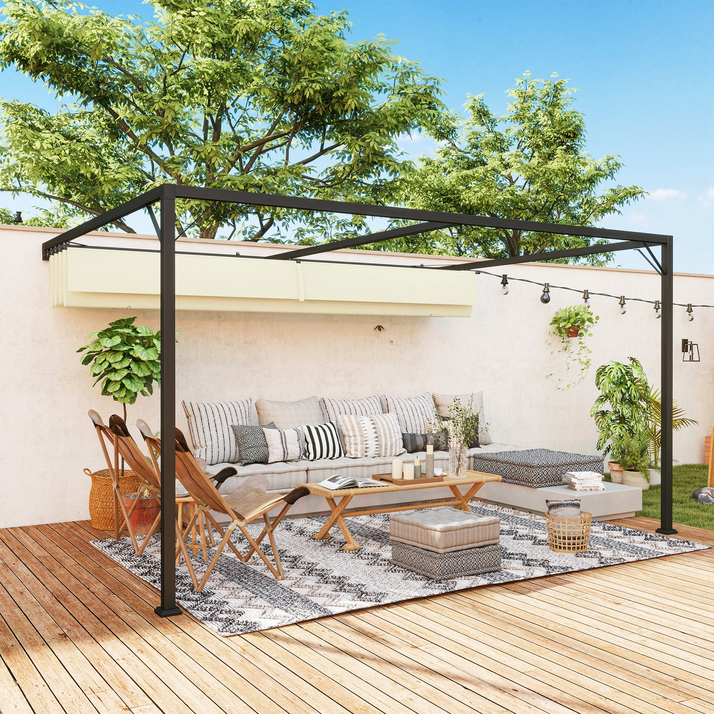 Outsunny 4x3 M Pergola With Sliding Canopy Cream Outdoor Gazebo For Shade And Dining