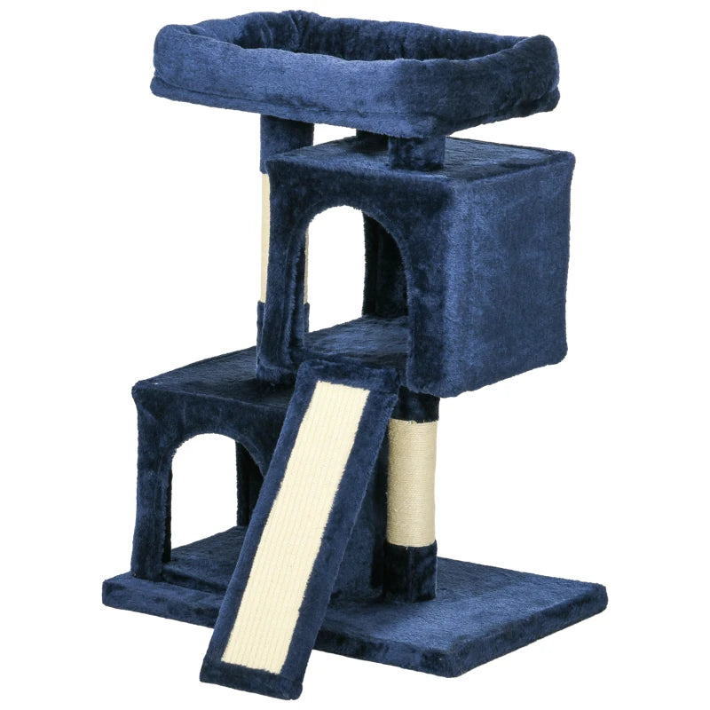 PawHut Navy Blue Sisal Cat Rest & Play Activity Tree with 2 Houses - Interactive Cat Tower - ALL4U RETAILER LTD