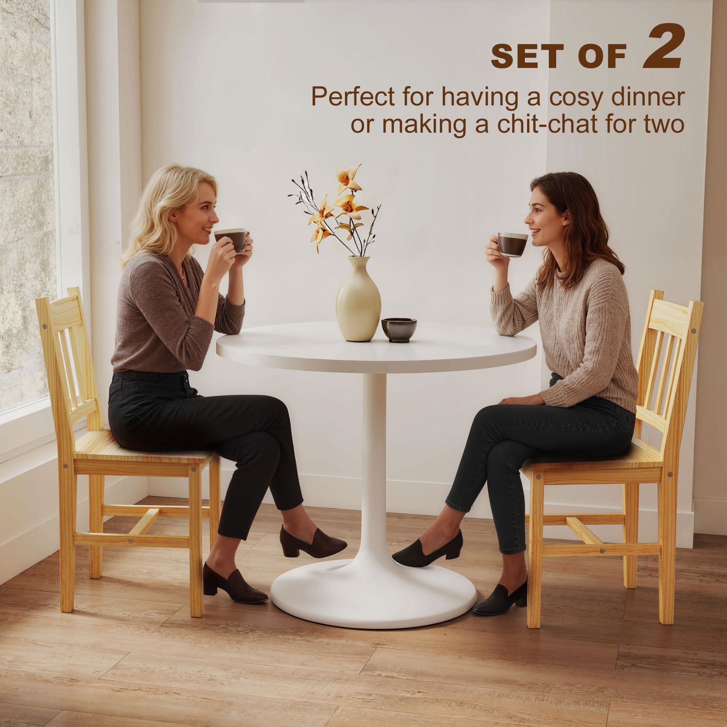 HOMCOM Dining Chairs Set of 2 Natural Pine Wood Slat Back Kitchen and Dining Room Chairs