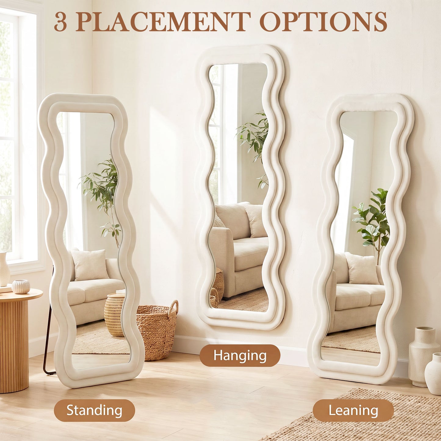 HOMCOM Full Length Mirror 160 x 60 cm Wavy Velvet Frame Wall Standing Mirror With Tempered Glass Cream White