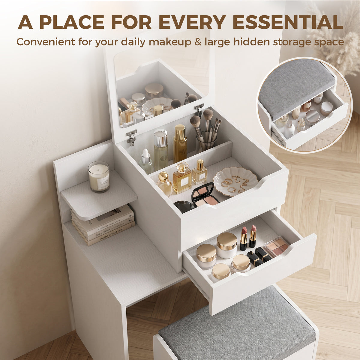 White vanity desk with flip-top mirror and drawers, with organizer storage compartments.