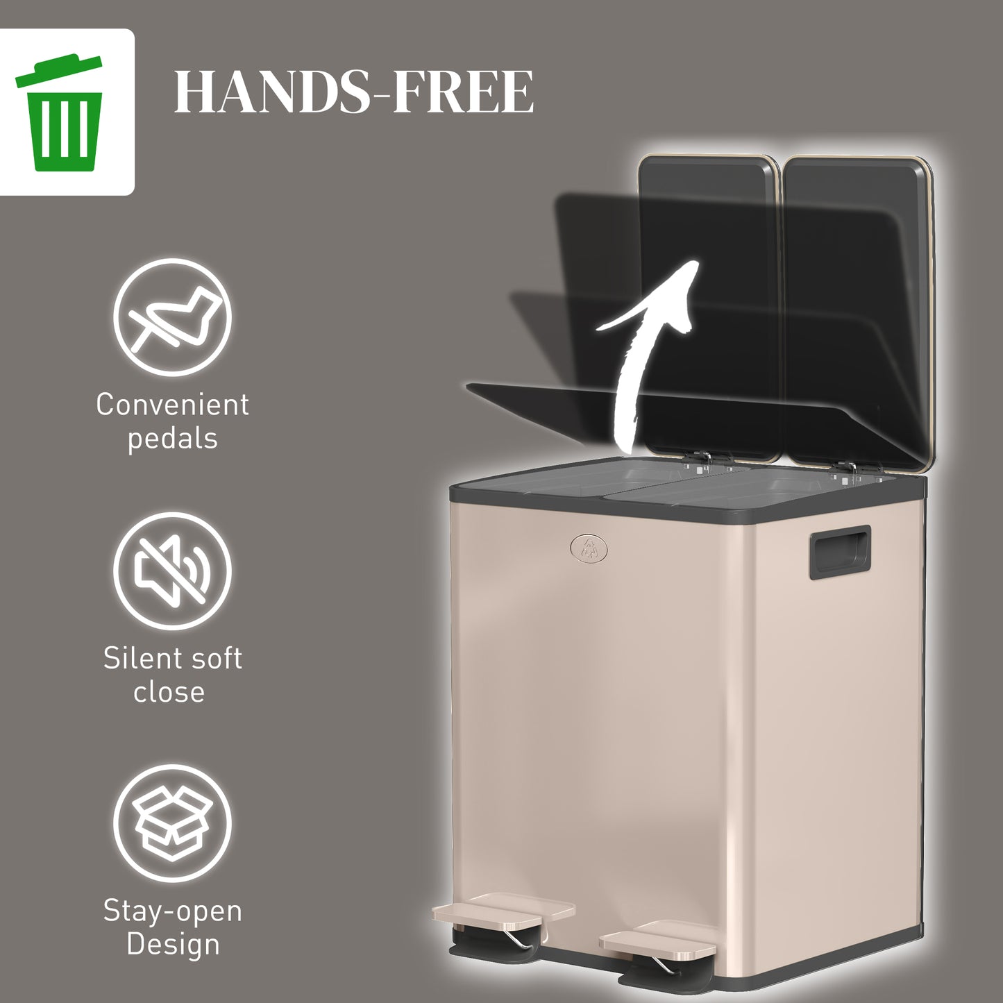 HOMCOM 40L Dual Compartment Stainless Steel Bin With Deodoriser Holders Gold Tone