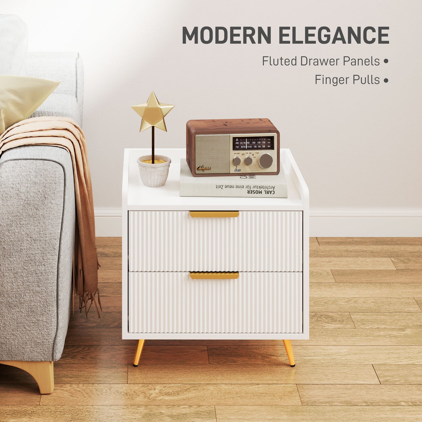 HOMCOM Elegant Two Drawer Bedside Tables Set Of 2 White With Ridged Fronts And Gold Tone Handles
