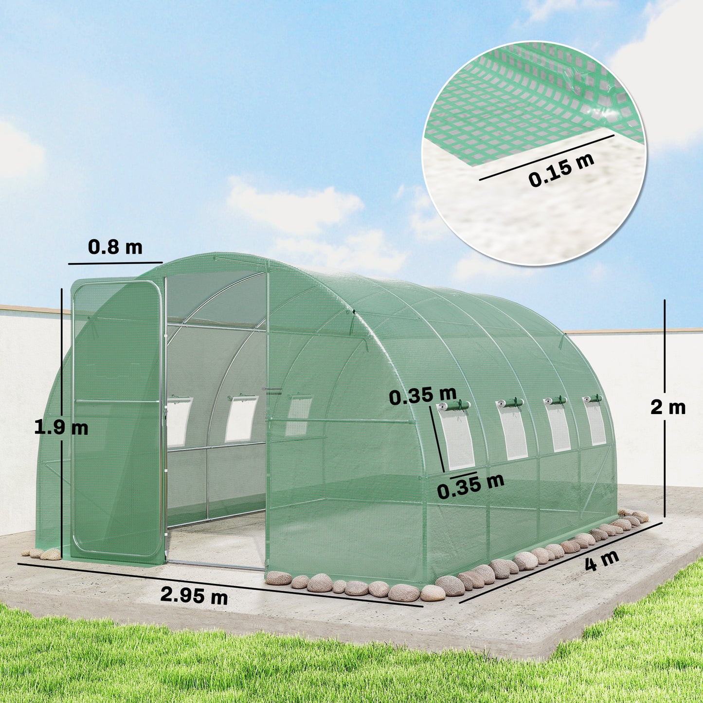 Outsunny 3 X 4 M Walk In Polytunnel Greenhouse With Hinged Door And 8 Roll Up Mesh Windows