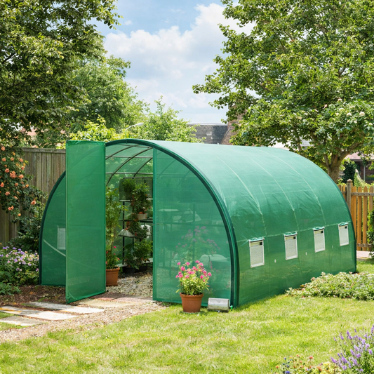 Outsunny 4 x 3 m Polytunnel Greenhouse With Windows And Doors Galvanised Steel Frame Green
